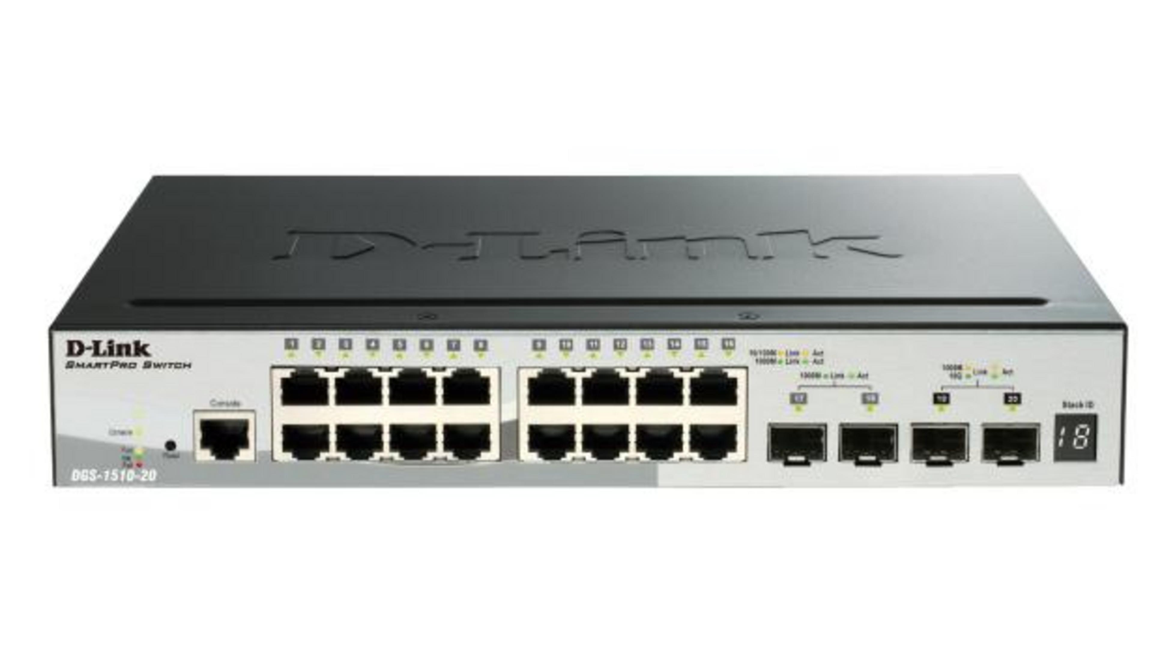 Uno switch D-Link SmartPro con porte Ethernet multiple e LED di stato.