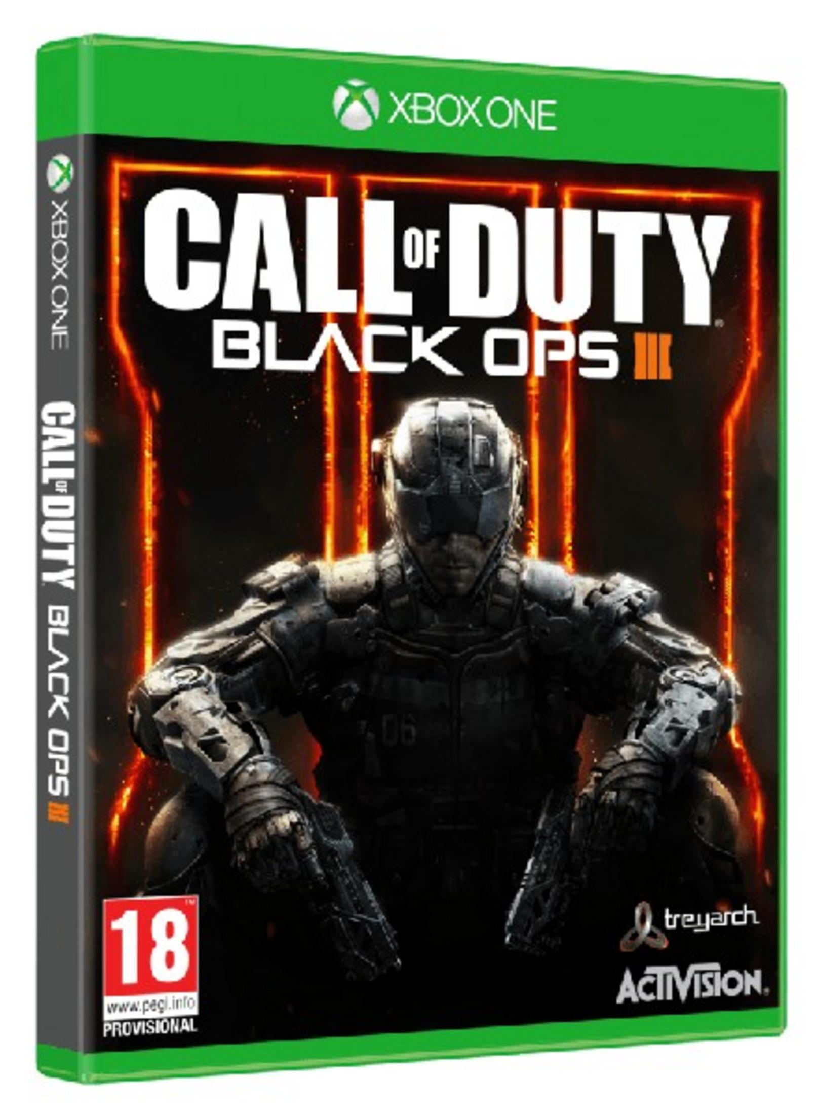 Copertina di Call of Duty Black Ops III per Xbox One con soldato e fiamme.