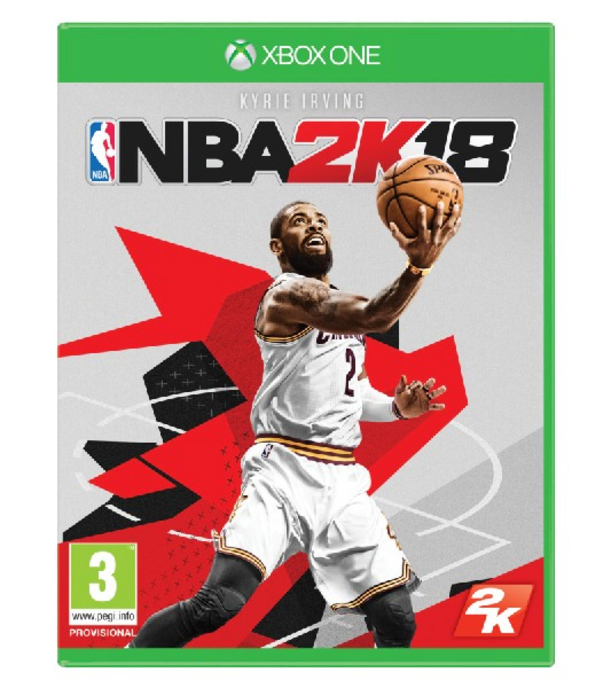 Copertina del gioco NBA 2K18 per Xbox One con Kyrie Irving che tiene un pallone.