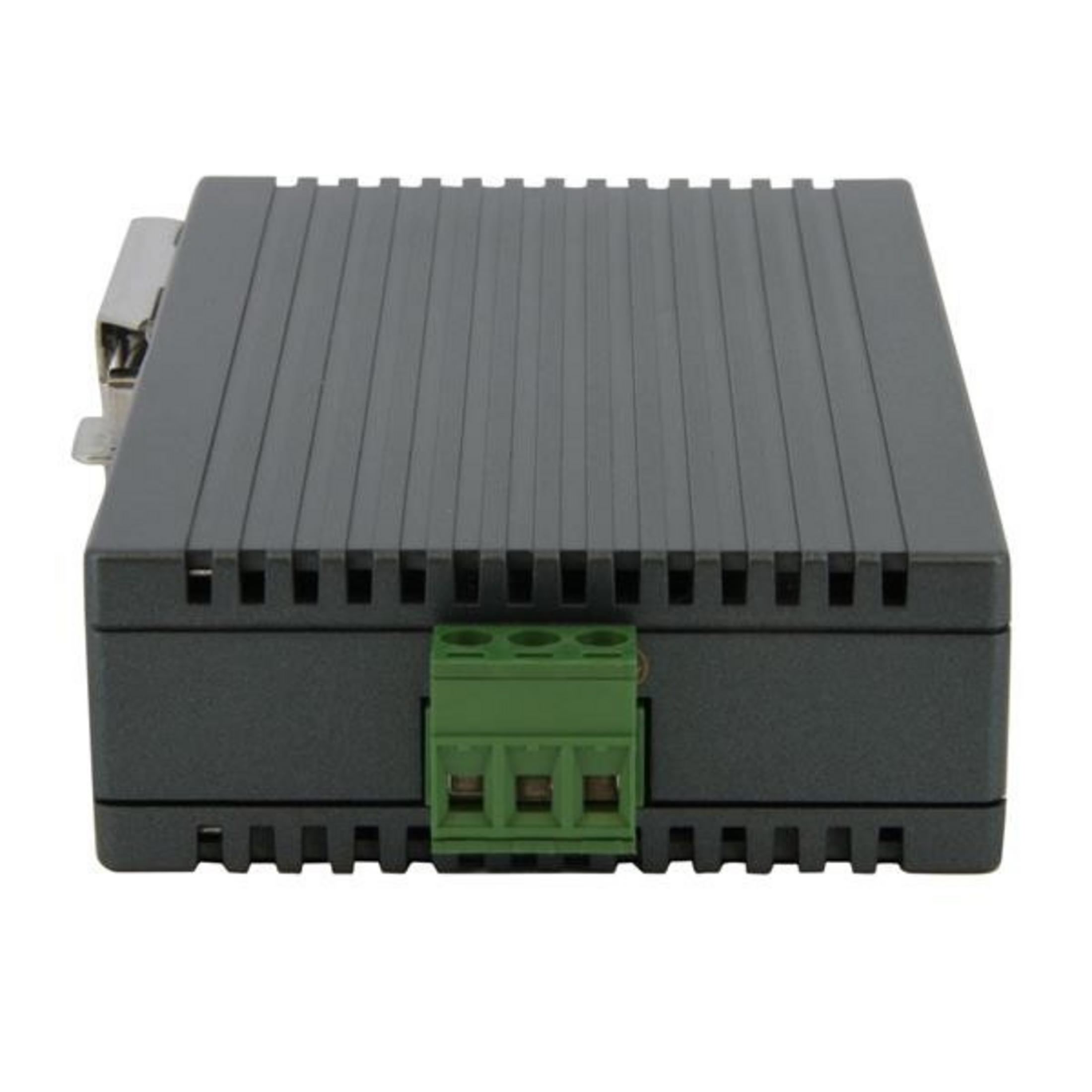 Dispositivo elettronico grigio con parte superiore a coste e blocco morsettiera verde.