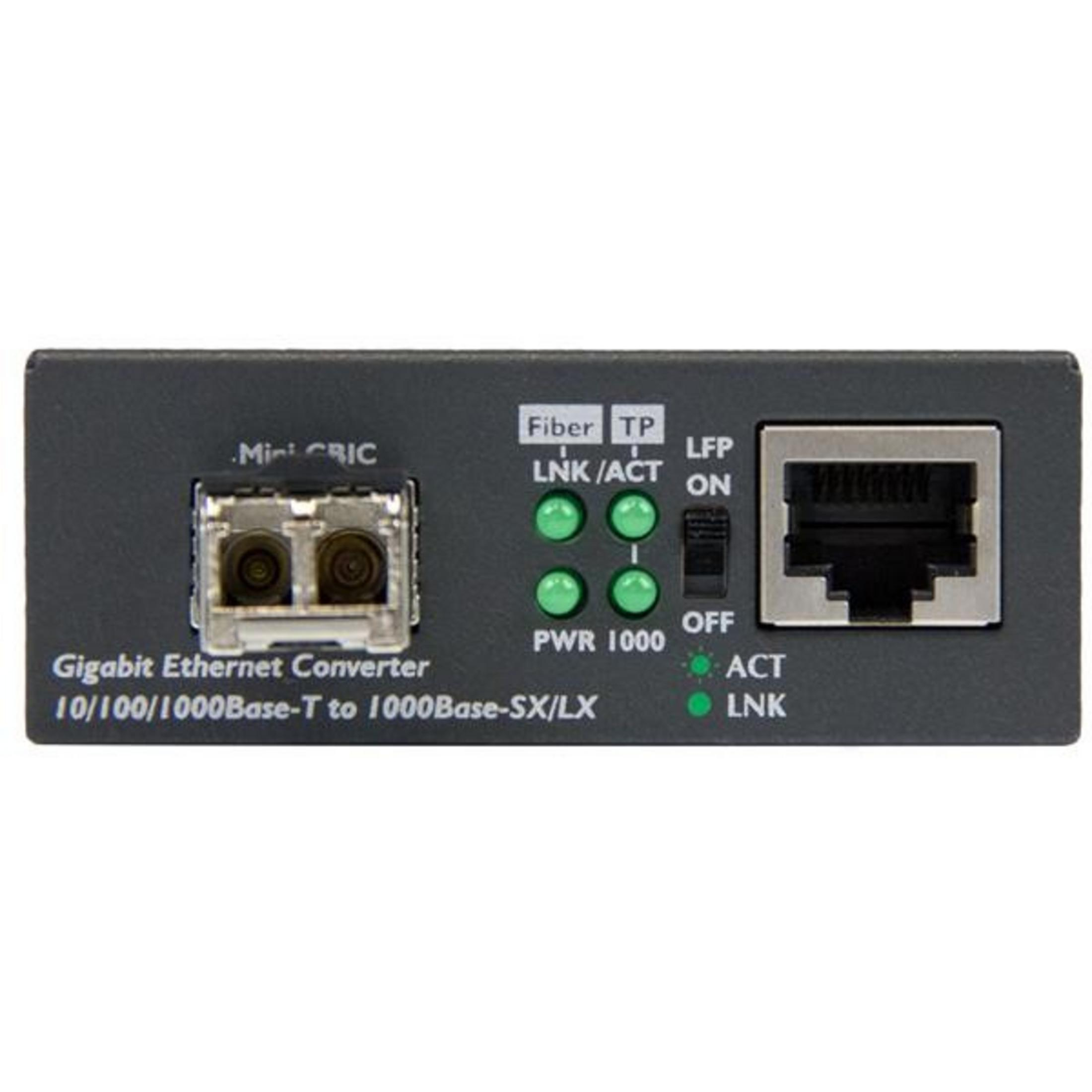 Un convertidor Gigabit Ethernet con puertos de fibra y RJ45, y LEDs de estado.