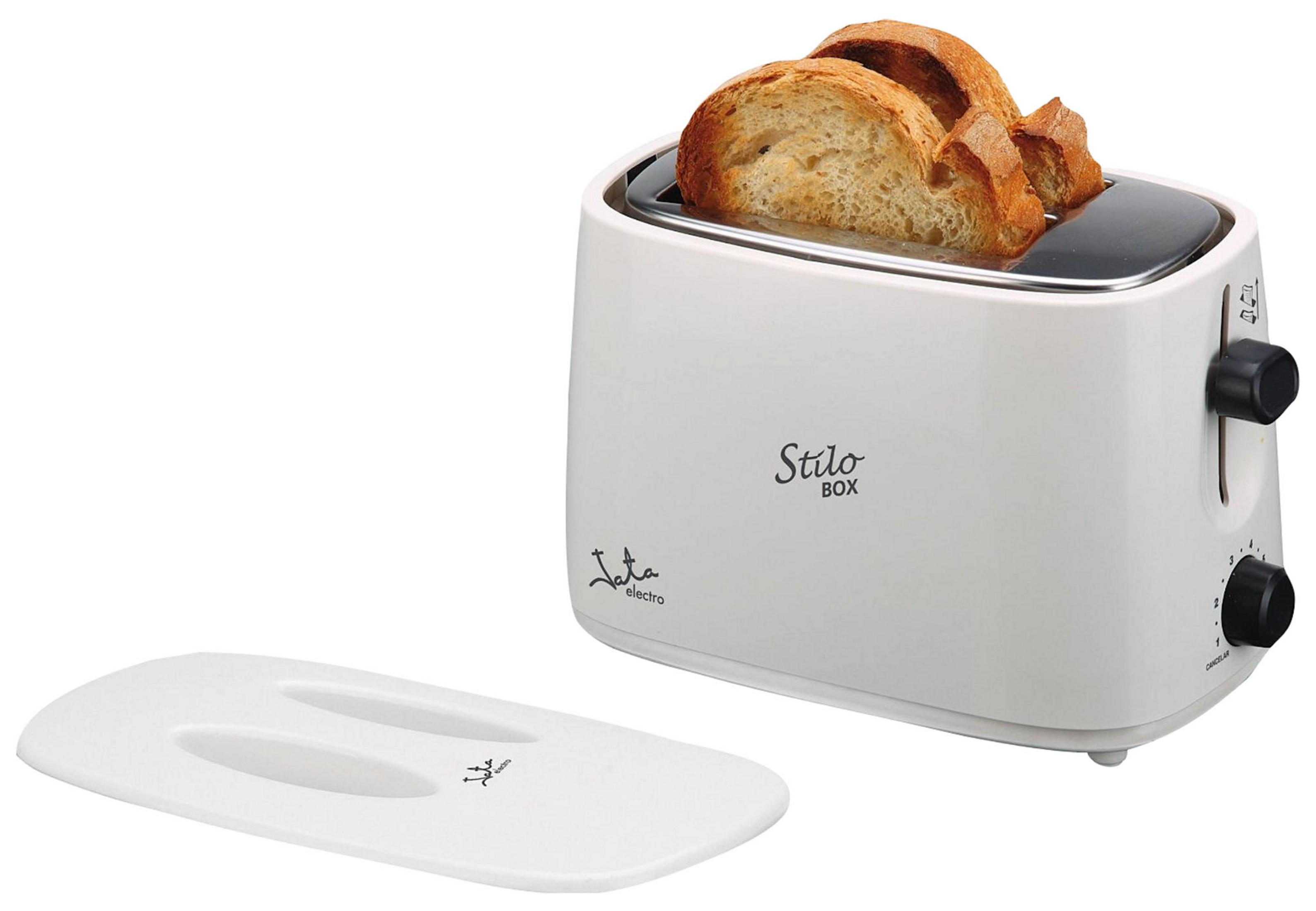 Un tostapane bianco con tre fette di pane, e un coperchio rimovibile accanto.