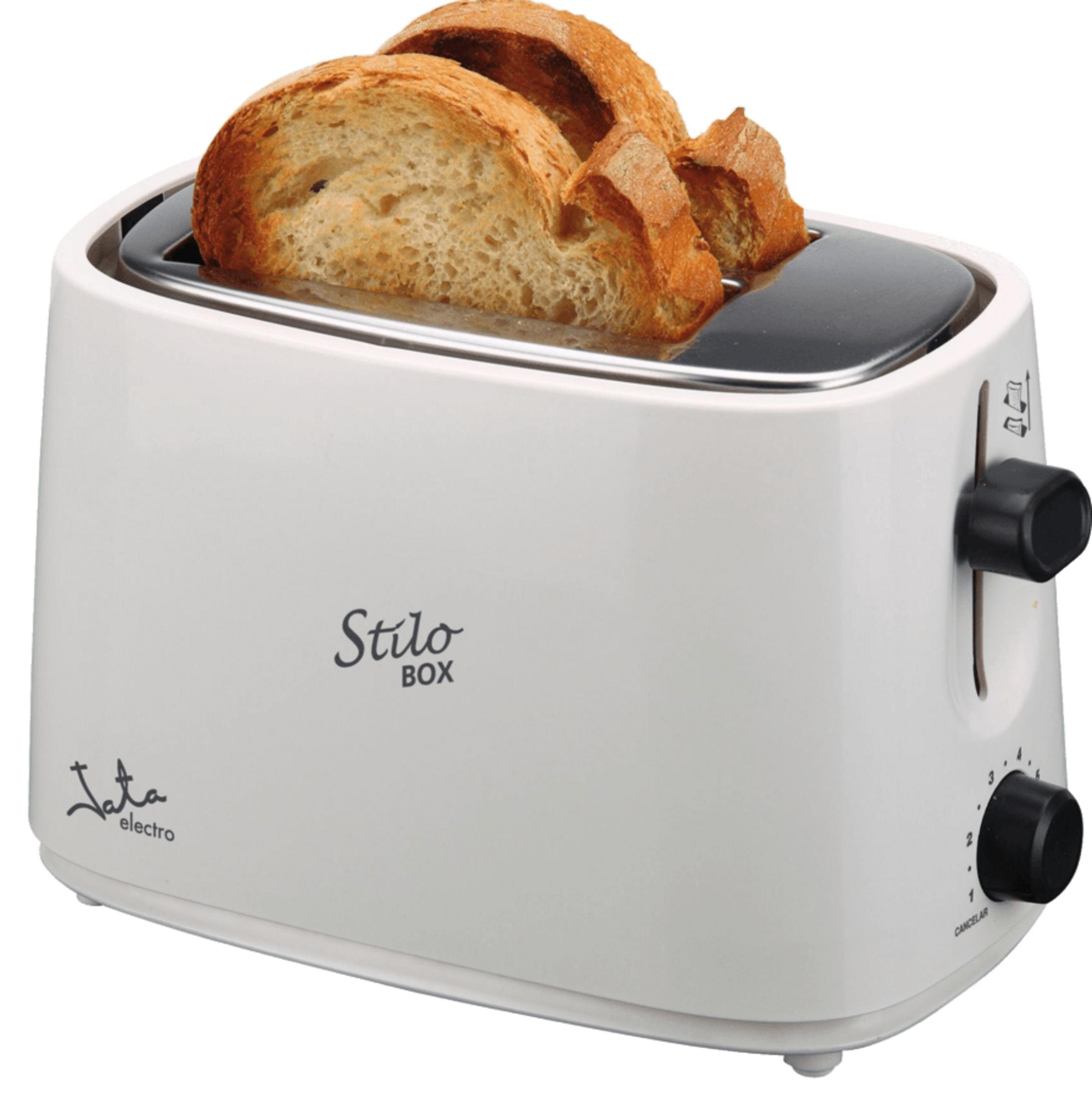 Un tostapane bianco con due fette di pane inserite a metà.