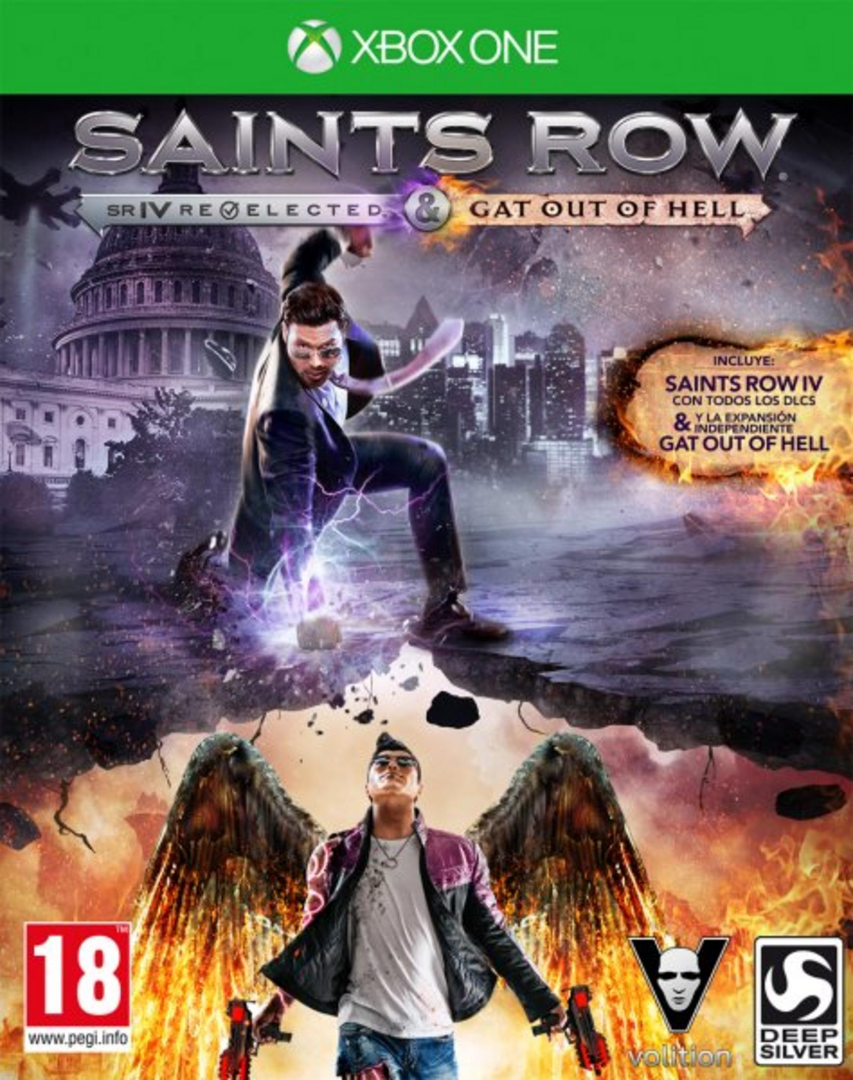 Copertina Saints Row: uomo con ali, pistole, Campidoglio, skyline città, esplosioni.