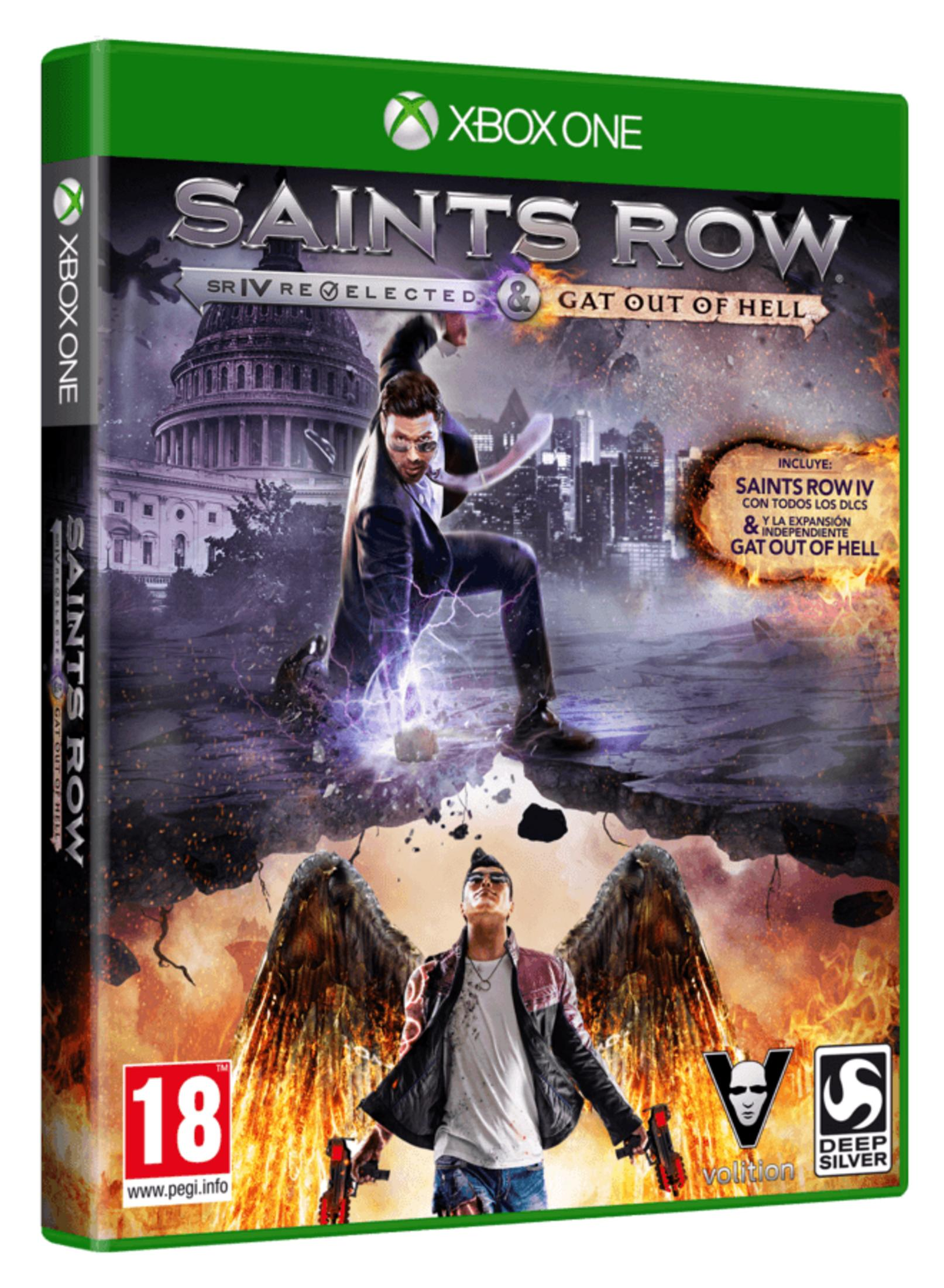 Copertina gioco Xbox One: Saints Row IV, Gat Out of Hell. Personaggi e sfondi infuocati.