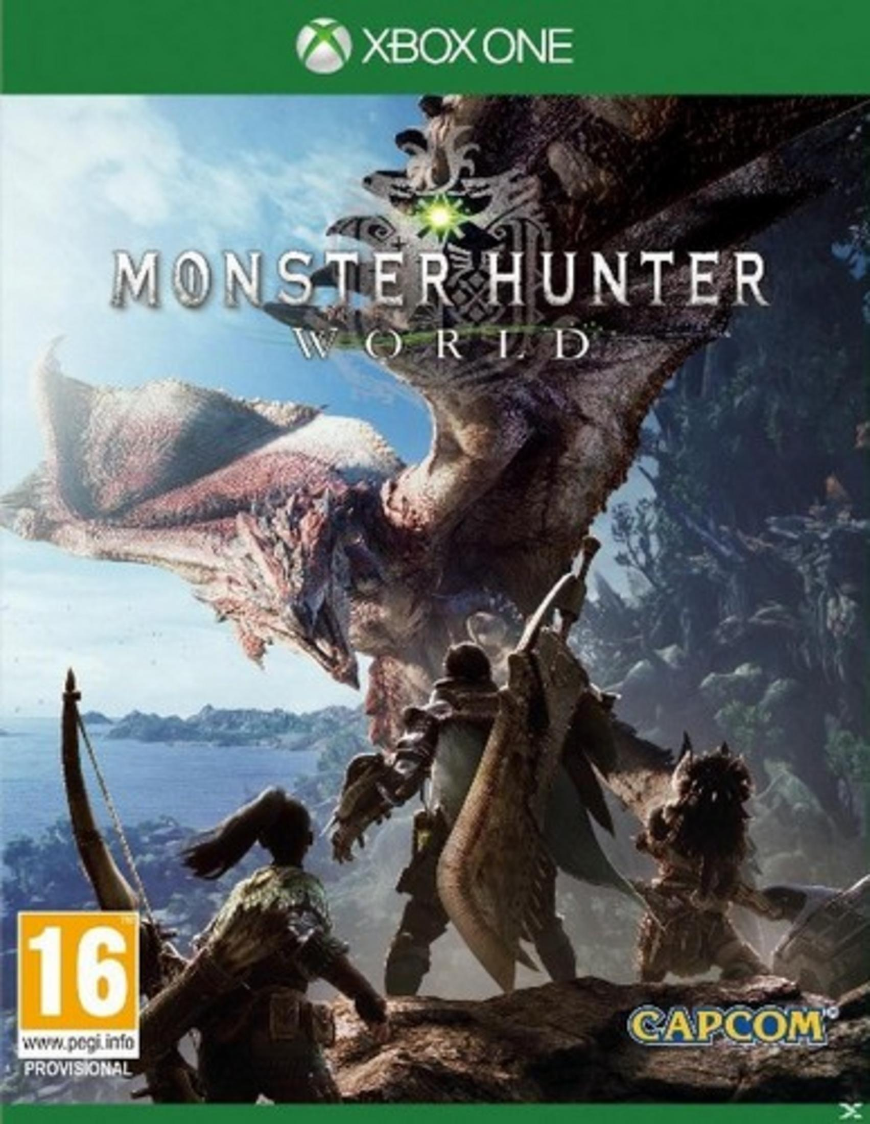 Copertina Monster Hunter World: Tre cacciatori affrontano un mostro gigante, Xbox One.