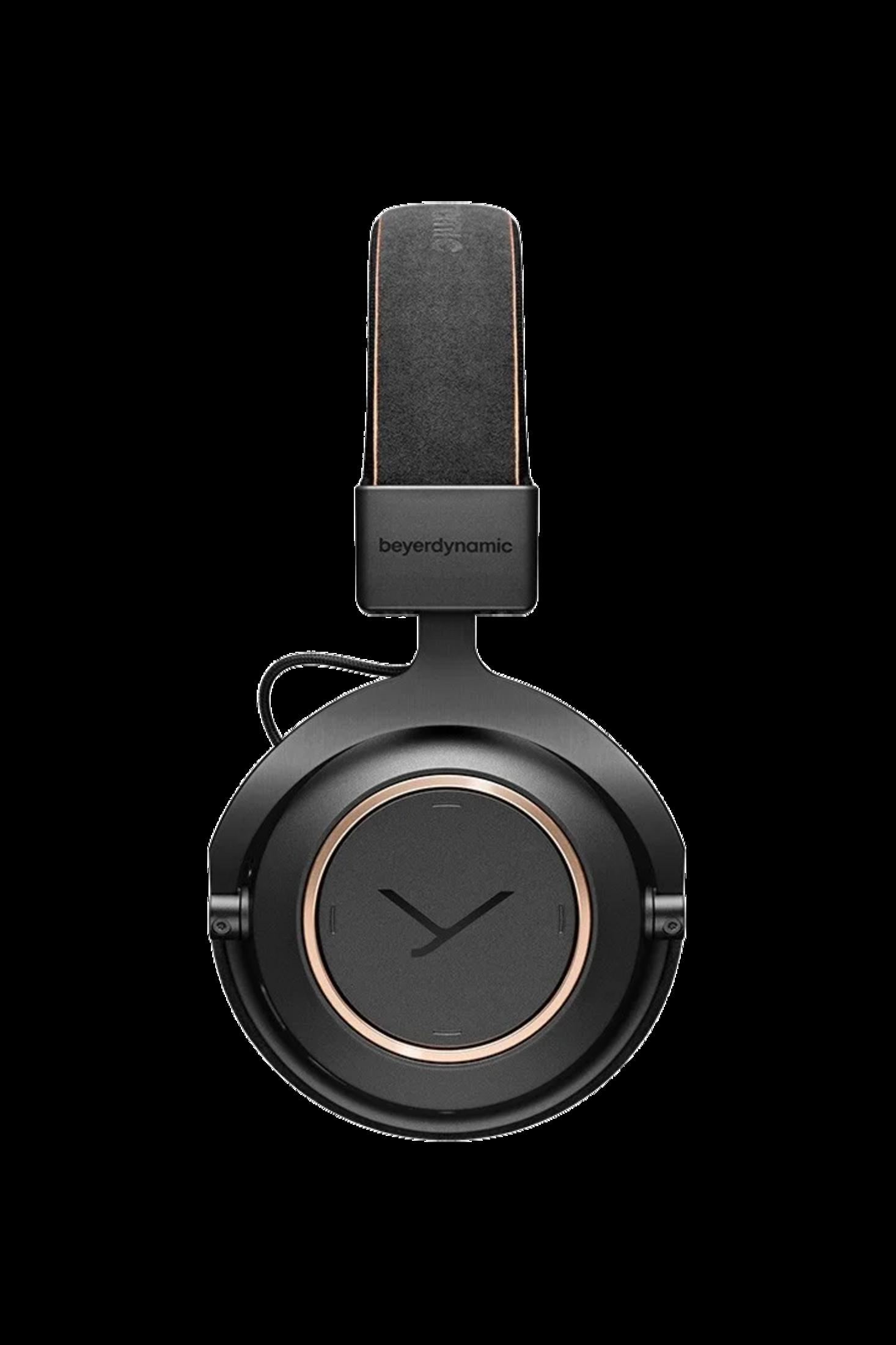 Schwarze beyerdynamic Kopfhörer mit Roségold-Akzenten. Studio-Kopfhörer.