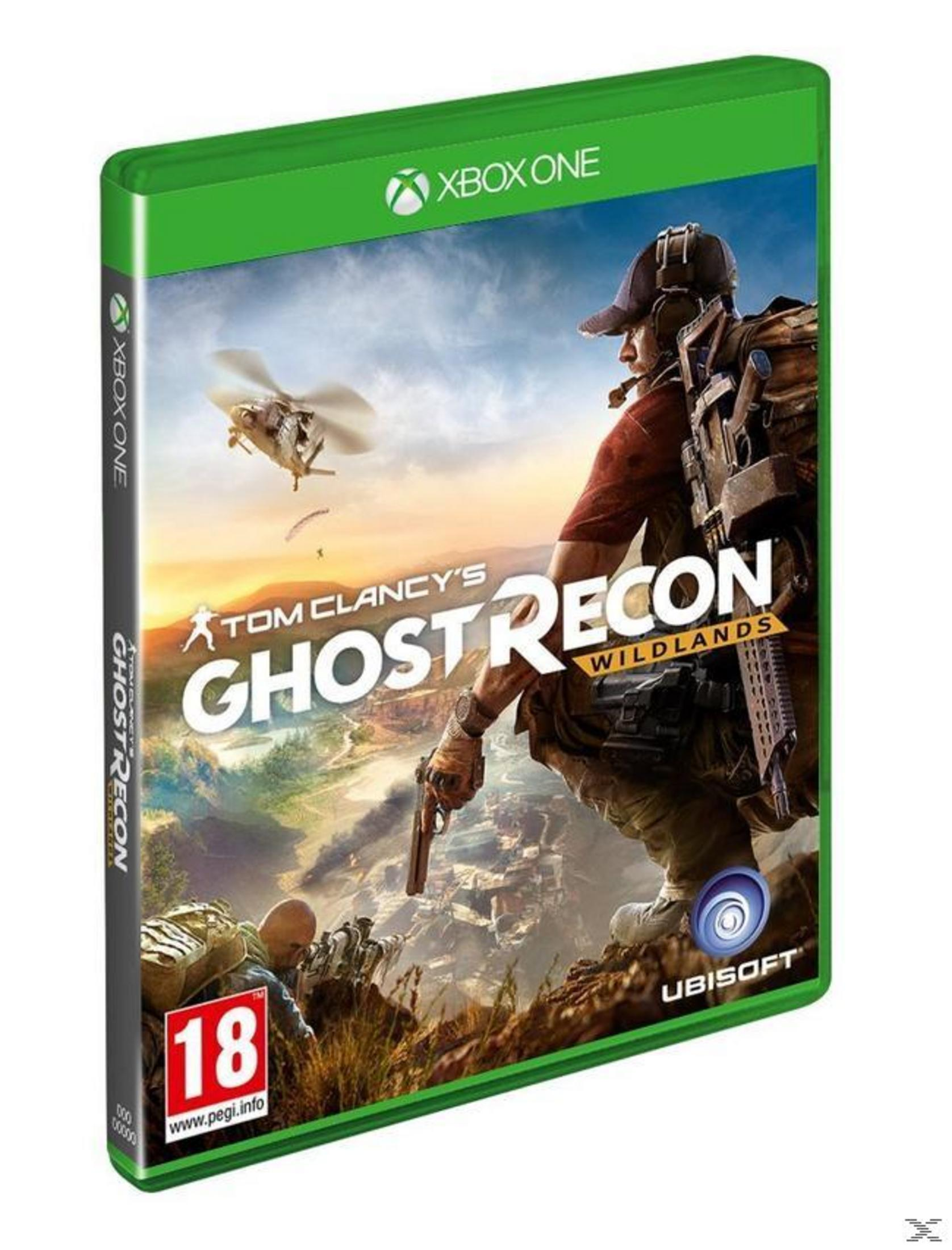 Copertina gioco Xbox One: Ghost Recon Wildlands. Soldato punta pistola, elicottero vola.