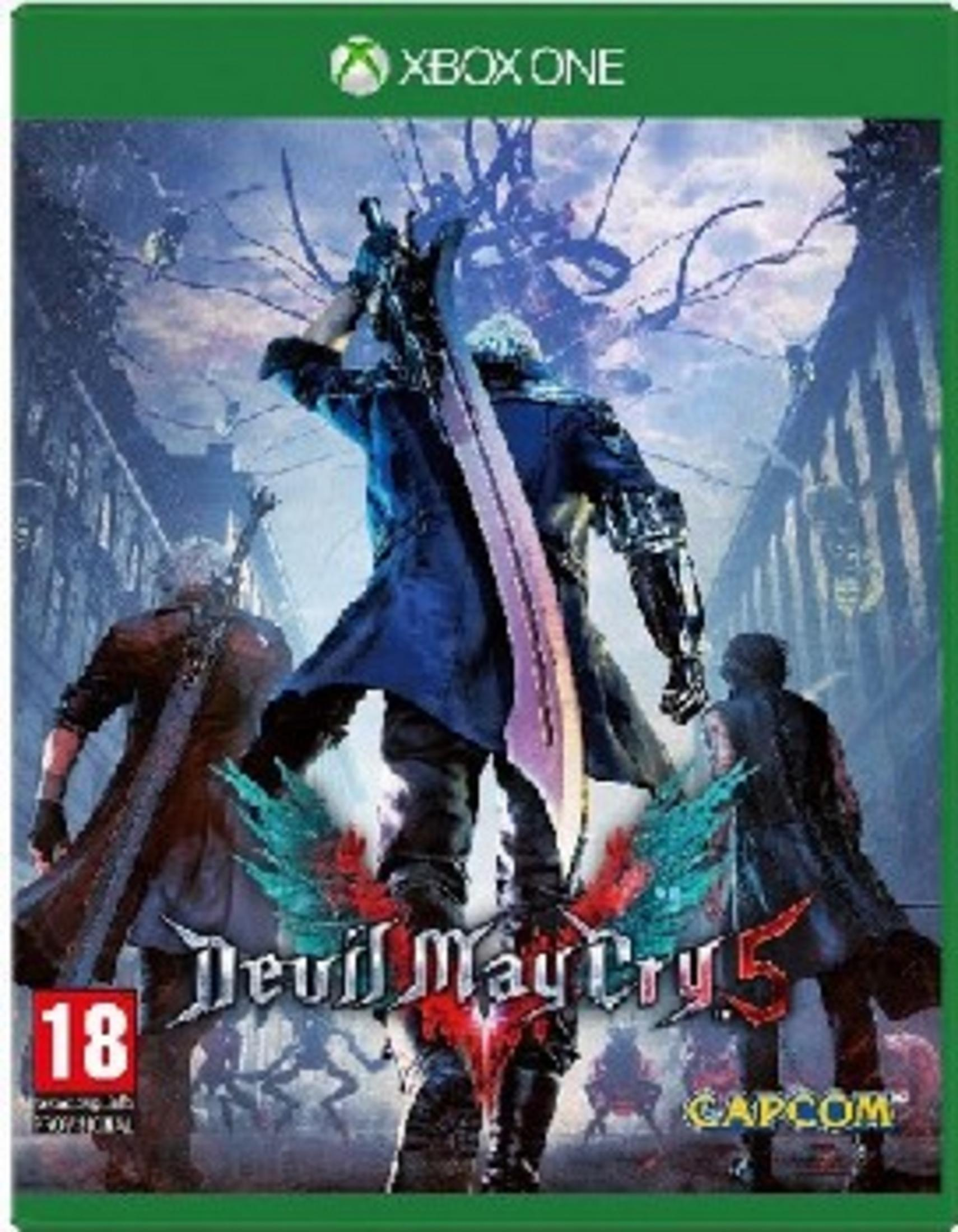 Copertina gioco Xbox One: Devil May Cry 5 con tre personaggi e una spada grande.