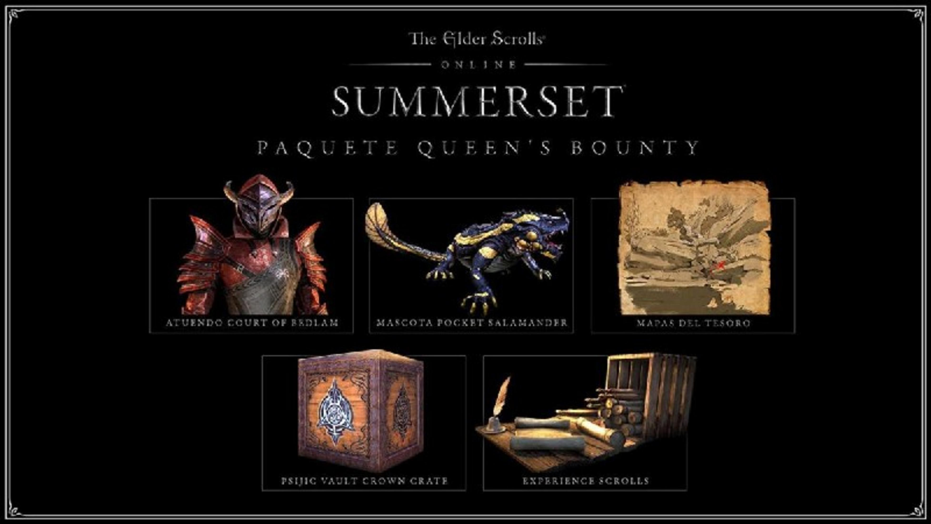 Armatura, salamandra, mappa del tesoro, cassa e pergamene.