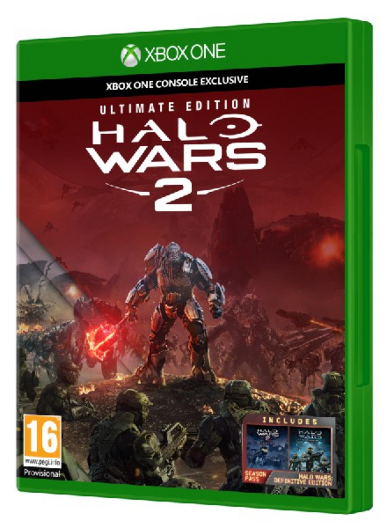 Copertina gioco Xbox One per Halo Wars 2 Ultimate Edition, con soldati e mech.