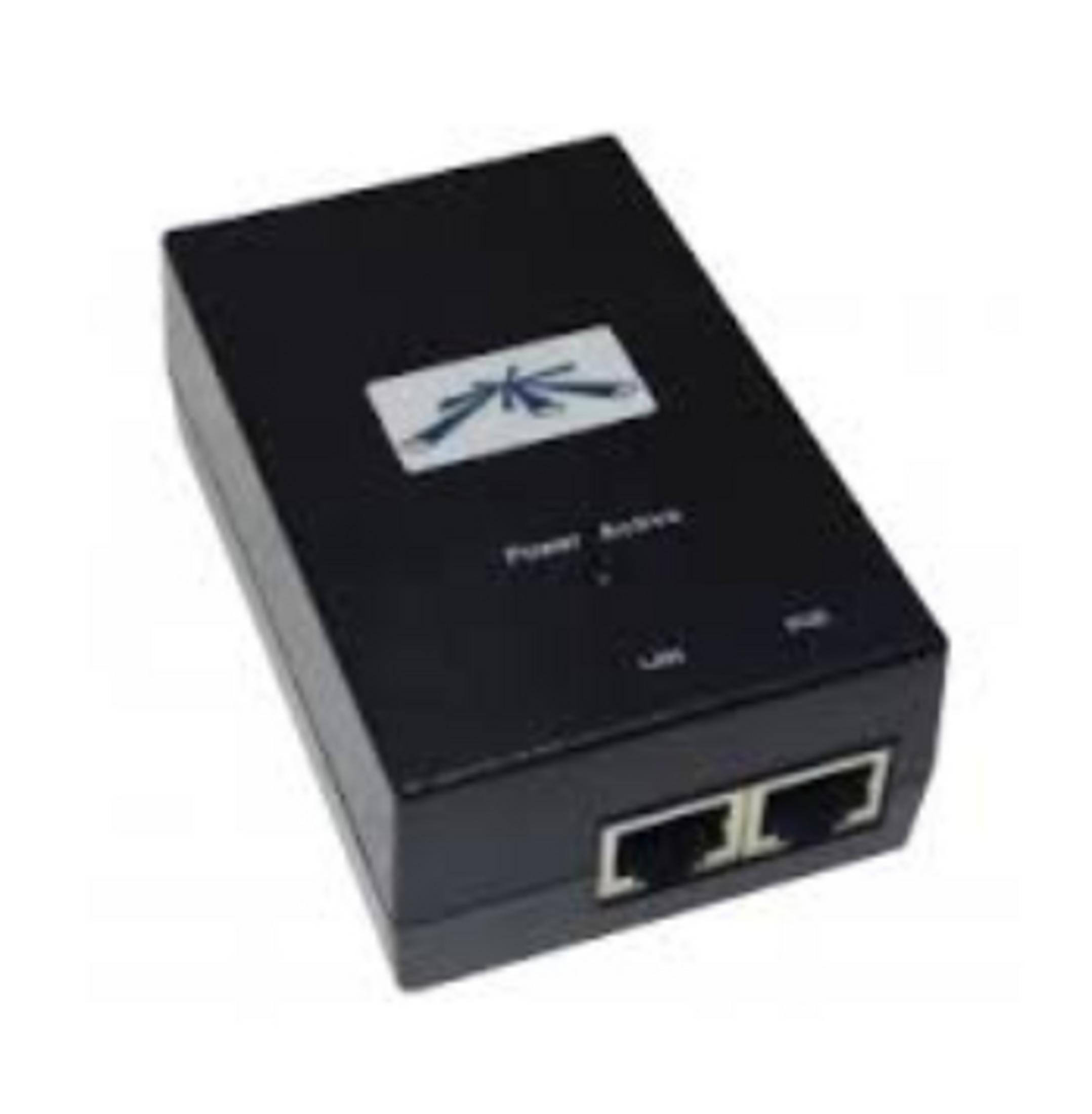 Czarny iniektor PoE Ubiquiti z dwoma portami Ethernet i diodami statusu.