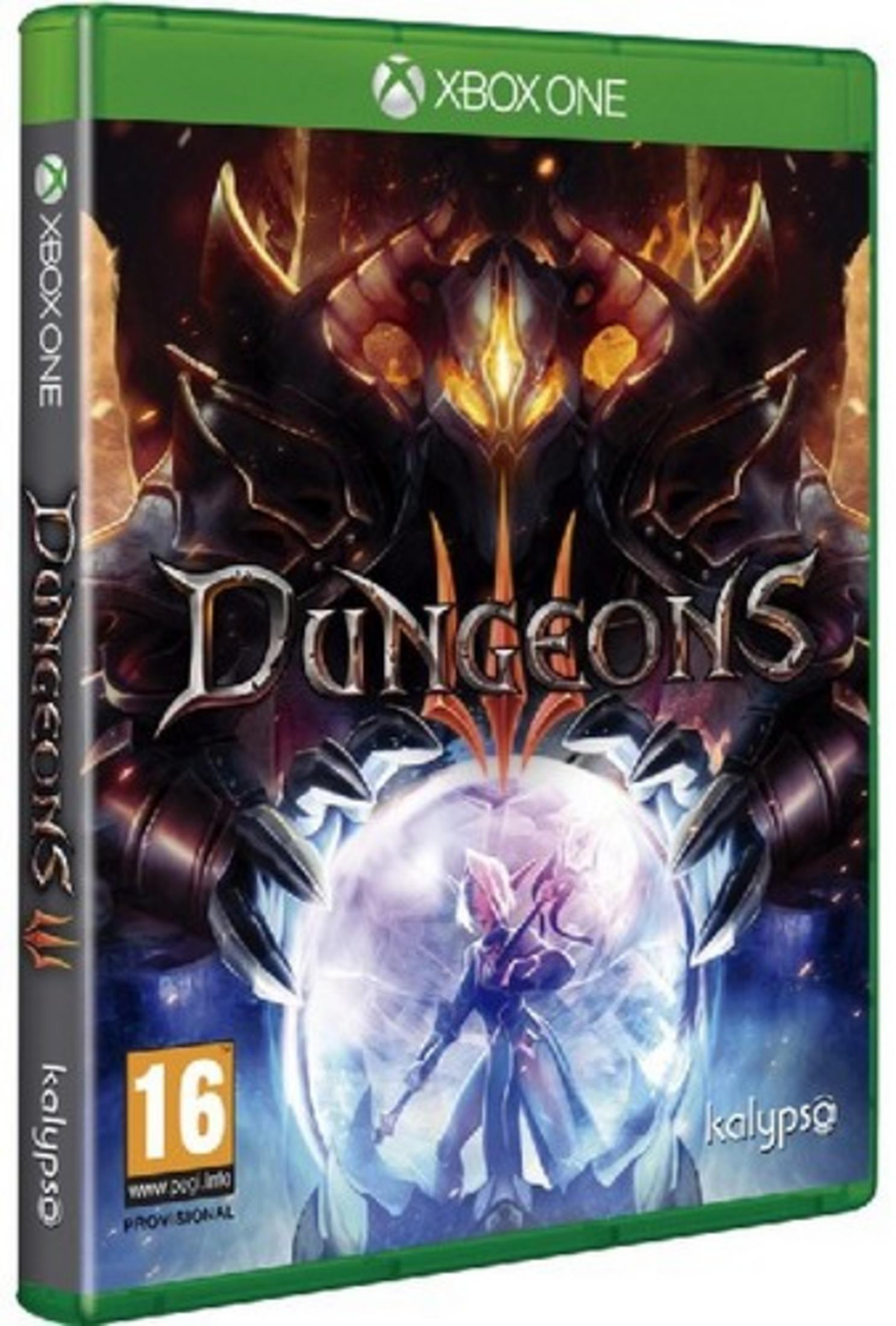 Box del gioco Xbox One: Dungeons 3 con figura demoniaca e sfera di cristallo.