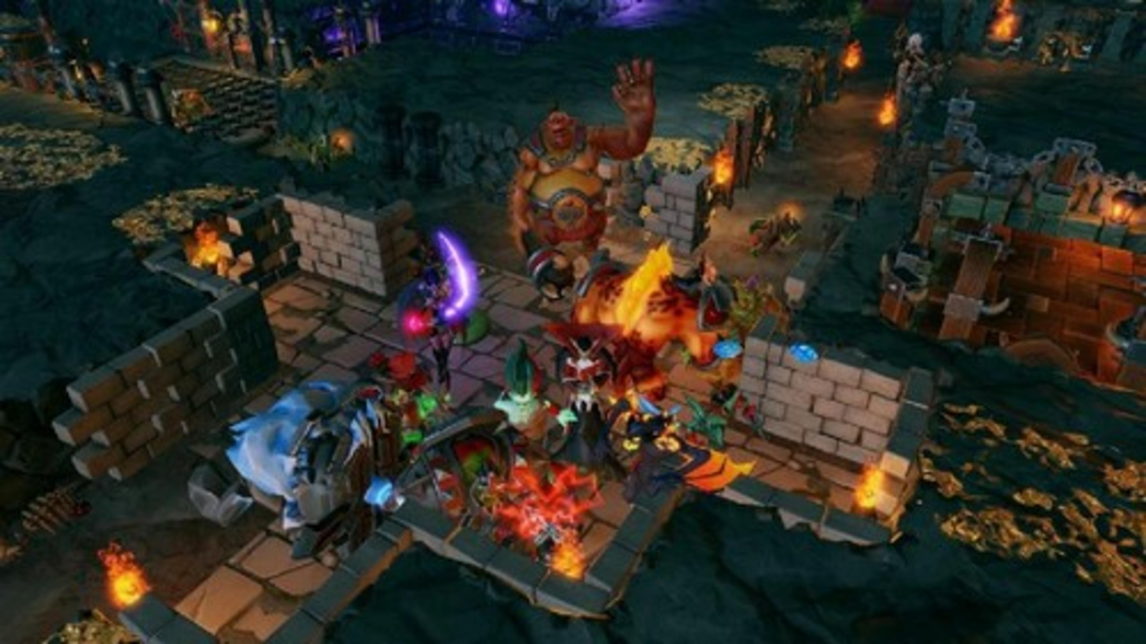 Un gruppo di guerrieri fantasy combatte in una fortezza oscura e rocciosa con torce ardenti.