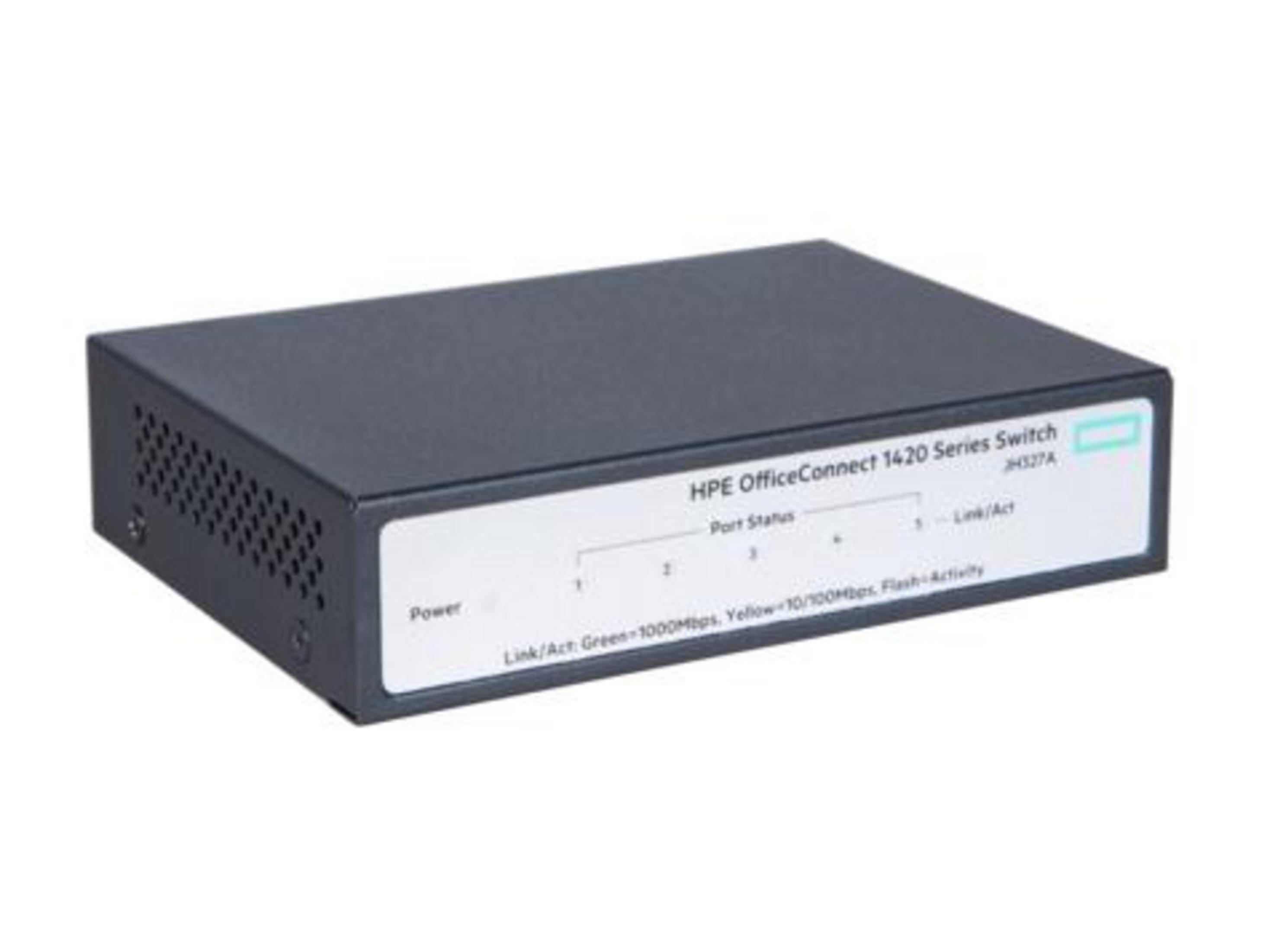 Un switch de red HPE OfficeConnect 1420 gris con puertos y LEDs.