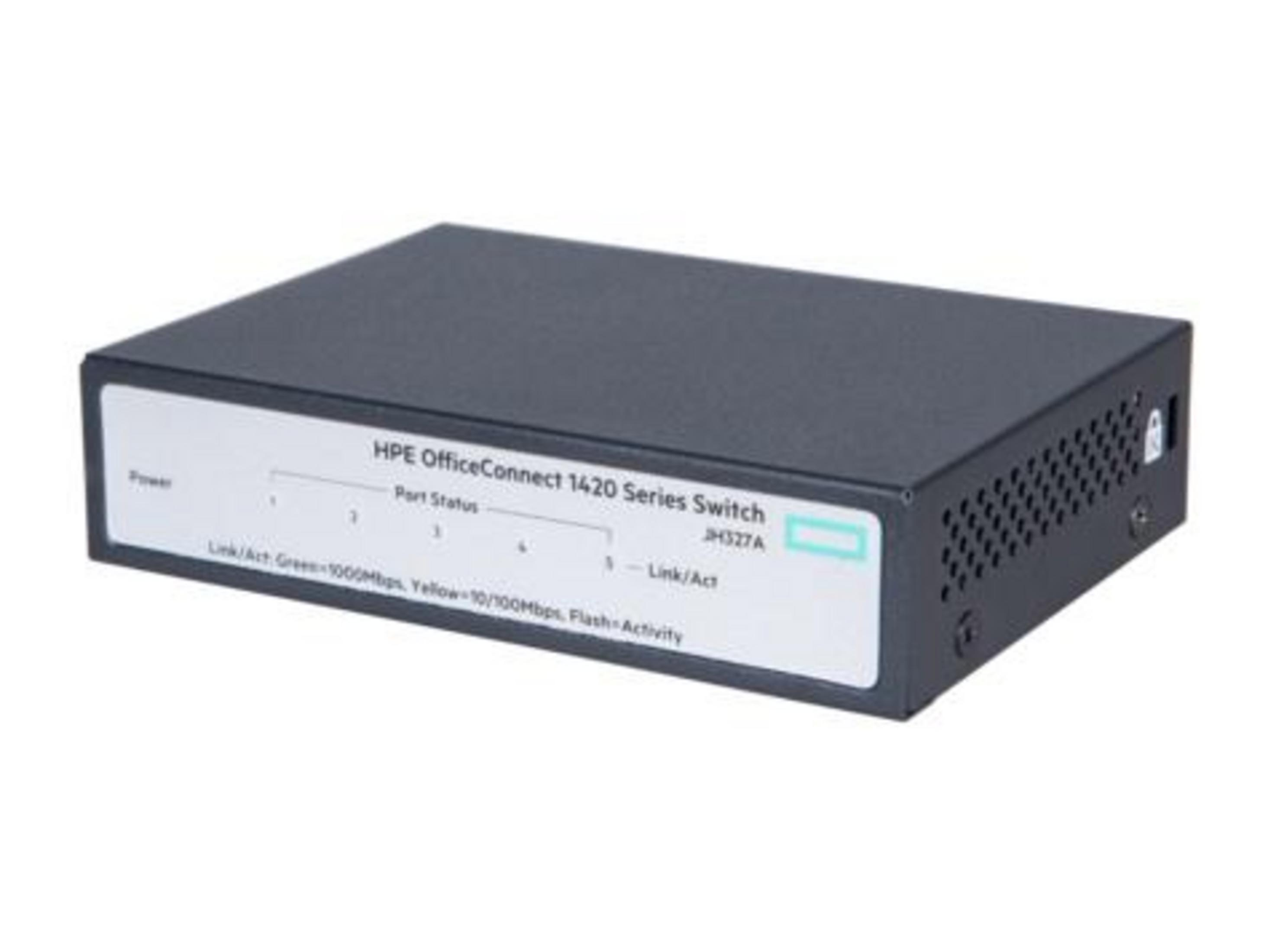 Un switch HPE OfficeConnect 1420 gris con etiquetas.