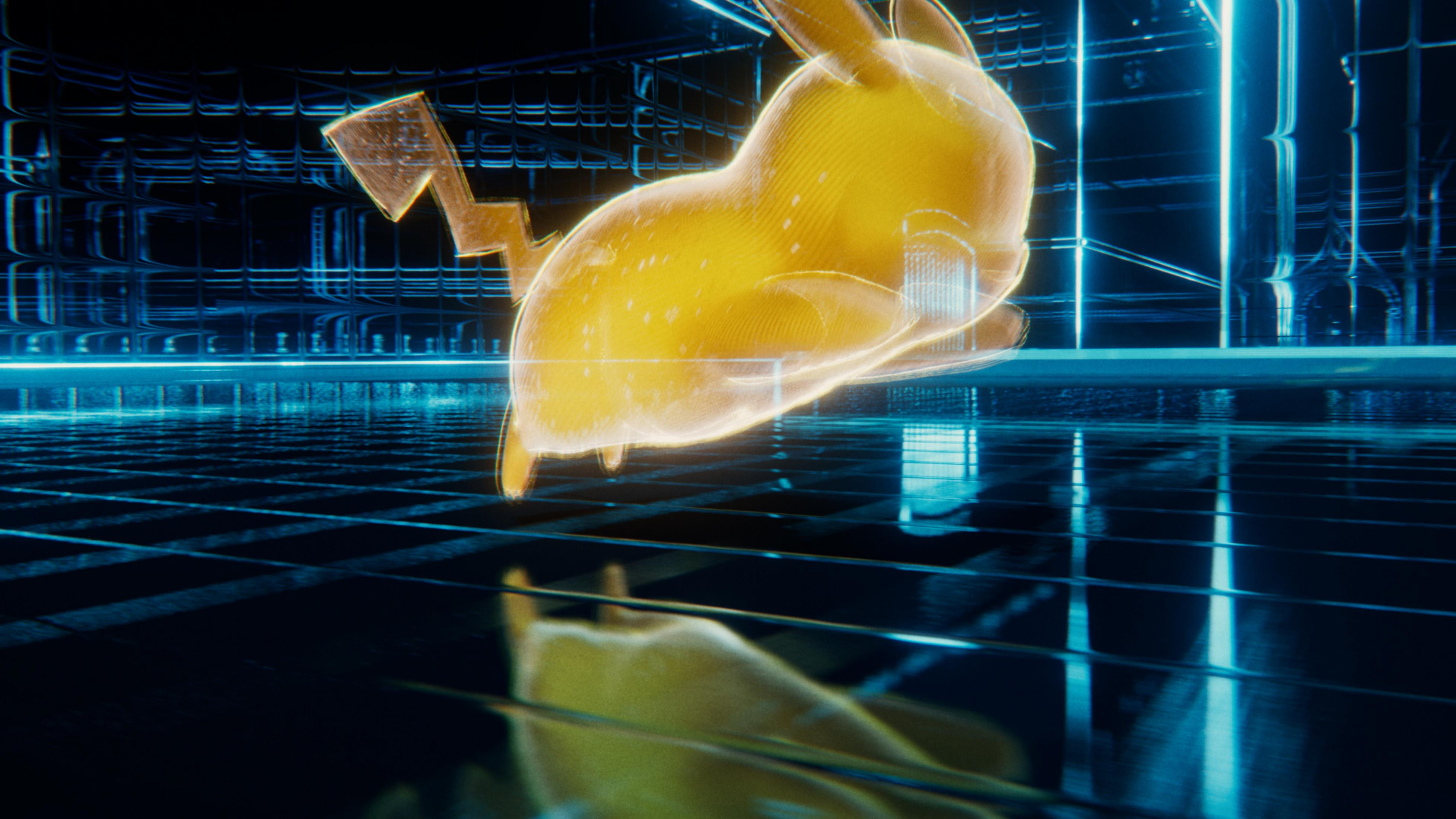Un Pikachu olografico giallo fluttua in una stanza buia illuminata di blu.