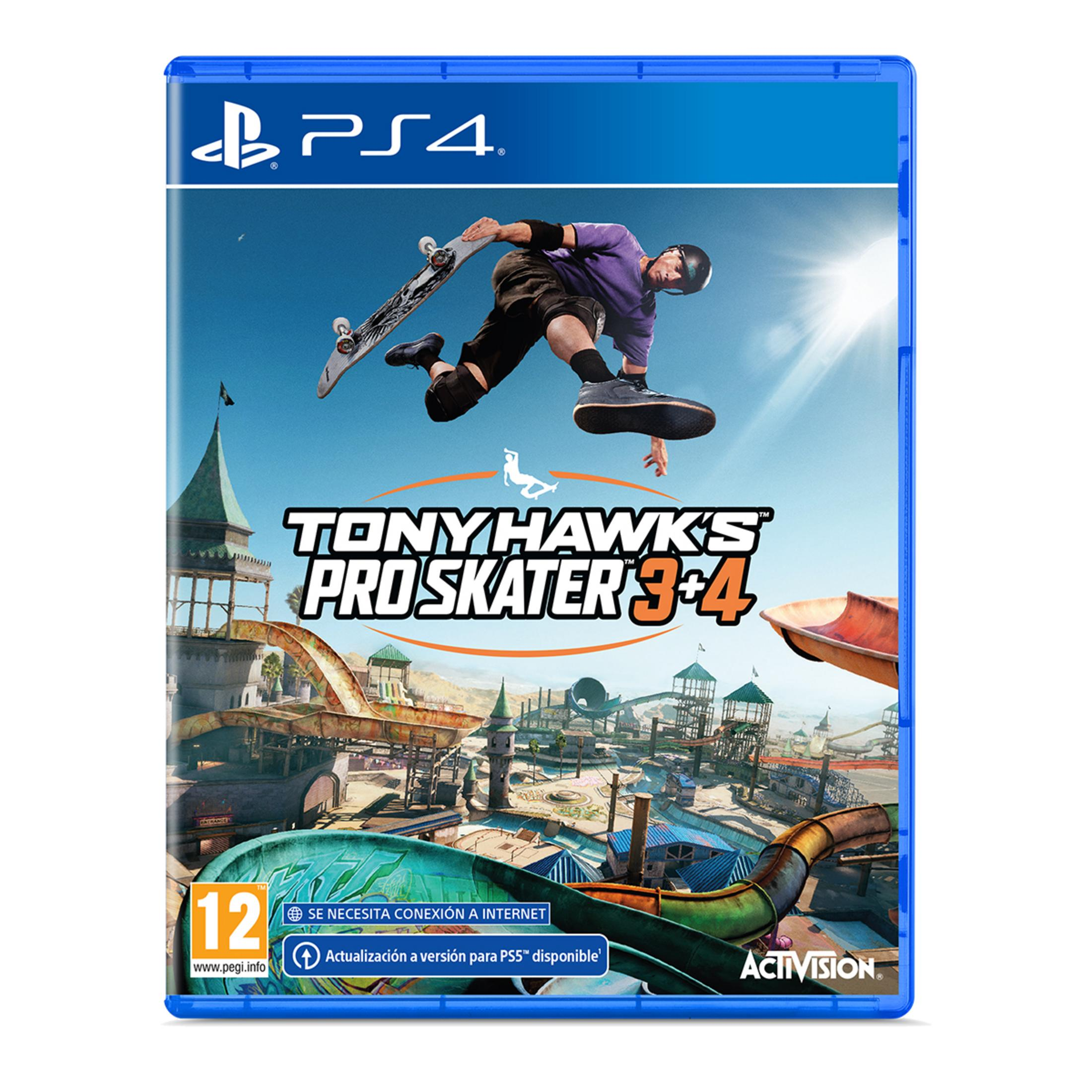 Okładka gry Tony Hawk's Pro Skater 3+4 PS4 ze skaterem w powietrzu.