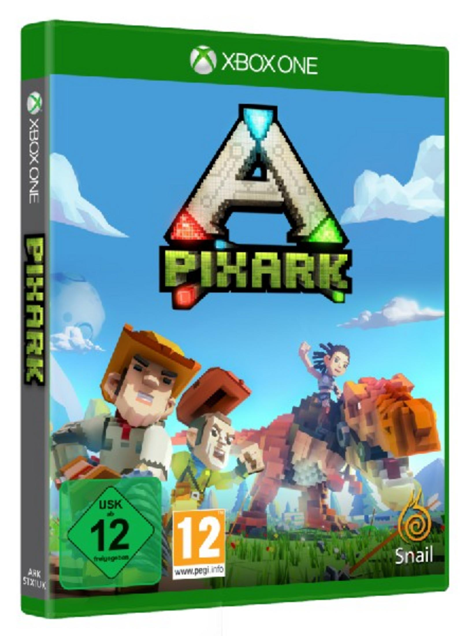 Portada del juego de Xbox One: Pixark con personajes pixelados y un dinosaurio.