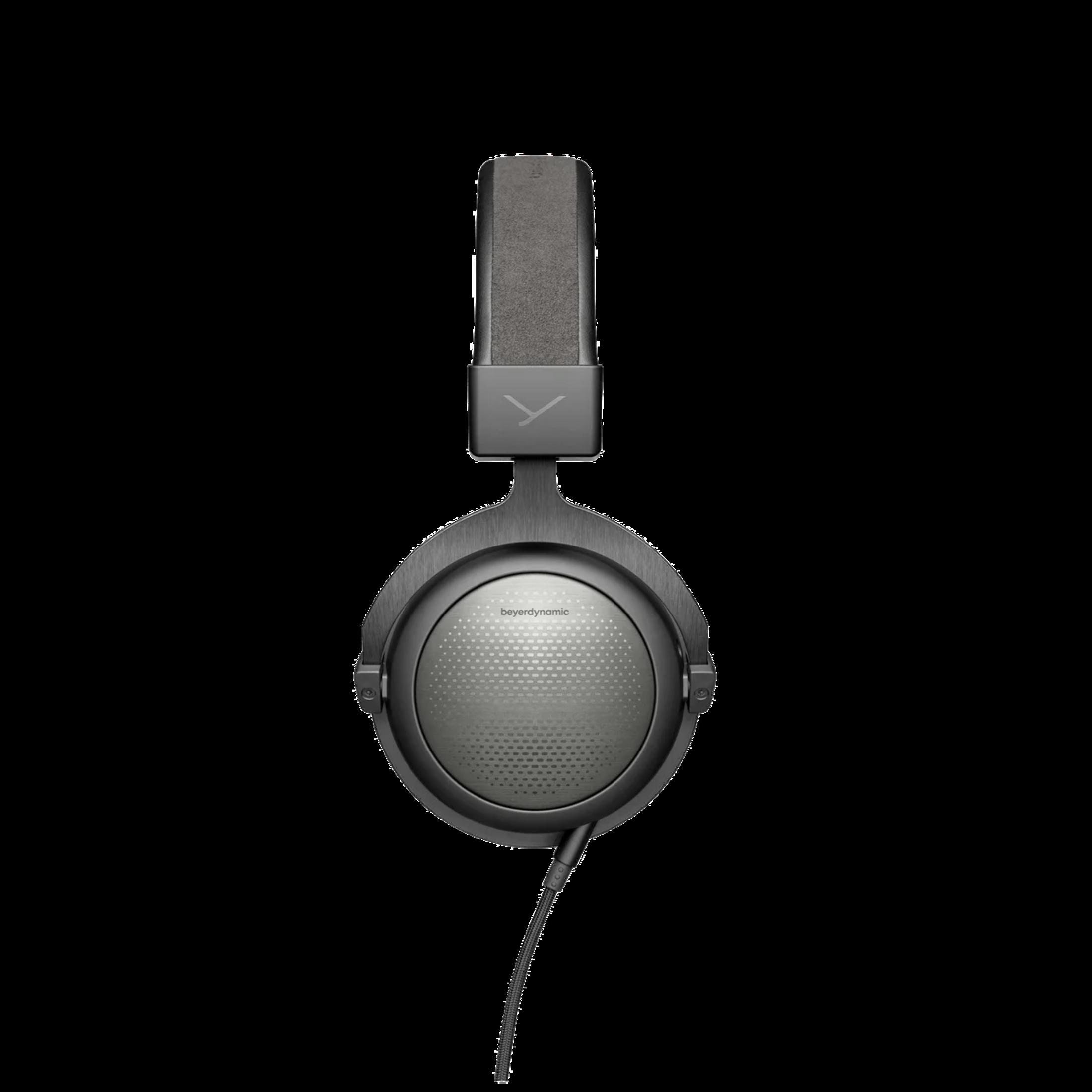Graue Kopfhörer mit einem Stoffband und dem Beyerdynamic-Logo.