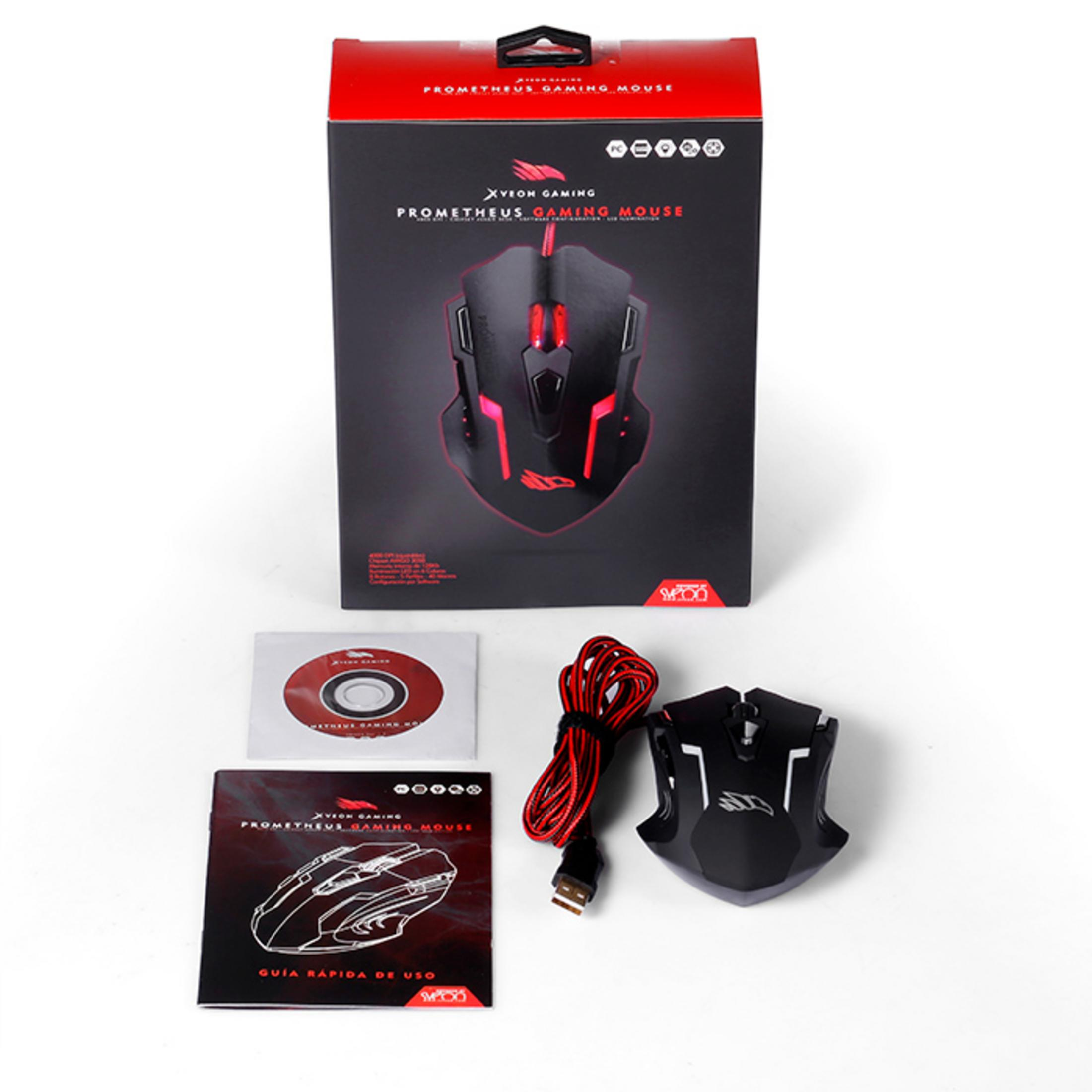 Un set di mouse da gaming nero con scatola, manuale e CD.