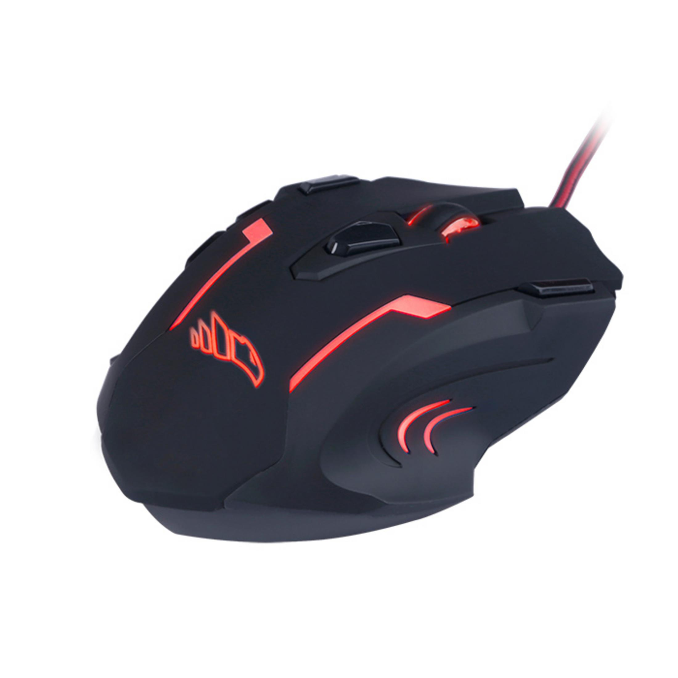 Mouse gaming nero con accenti luminosi rossi e cavo.