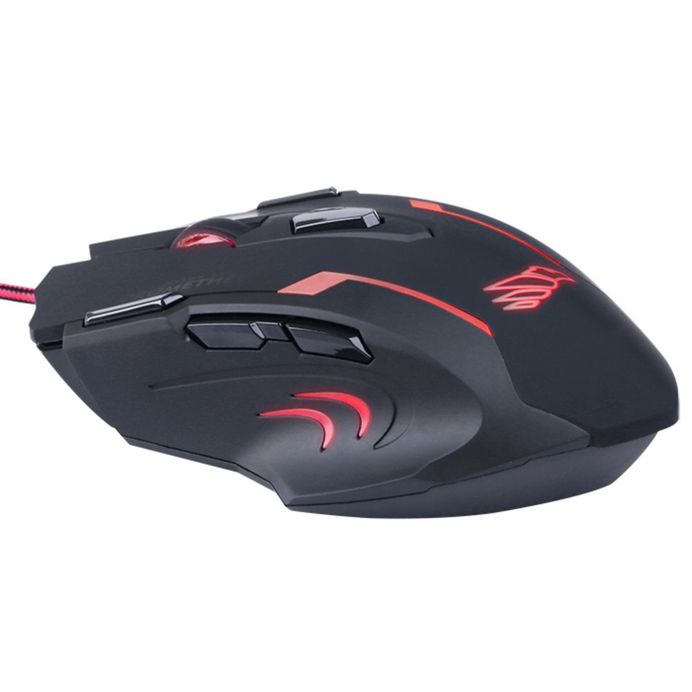 Un mouse da gaming nero con accenti e illuminazione rossi, su sfondo bianco.