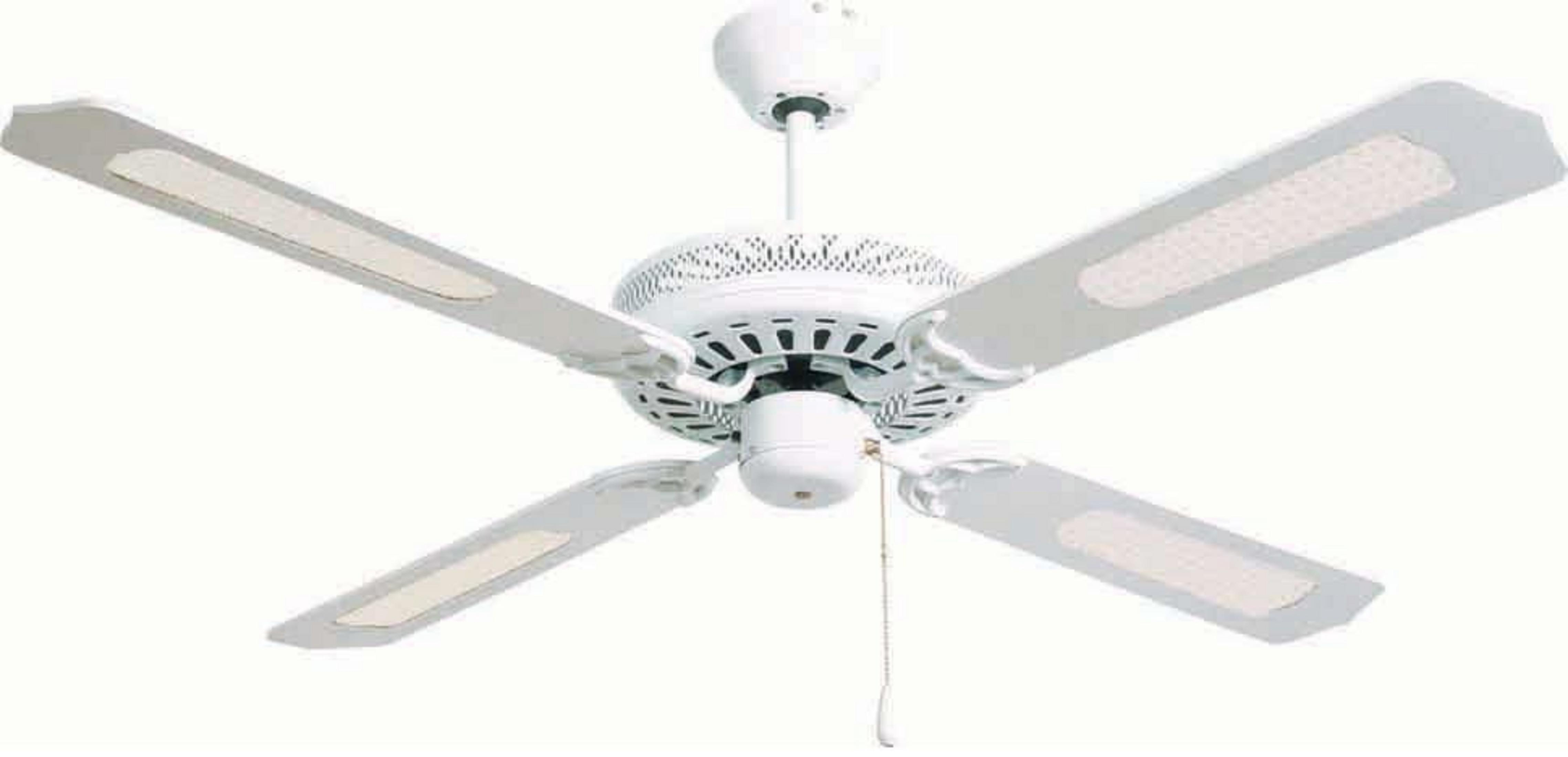 Un ventilatore da soffitto bianco con quattro pale e inserti luminosi.