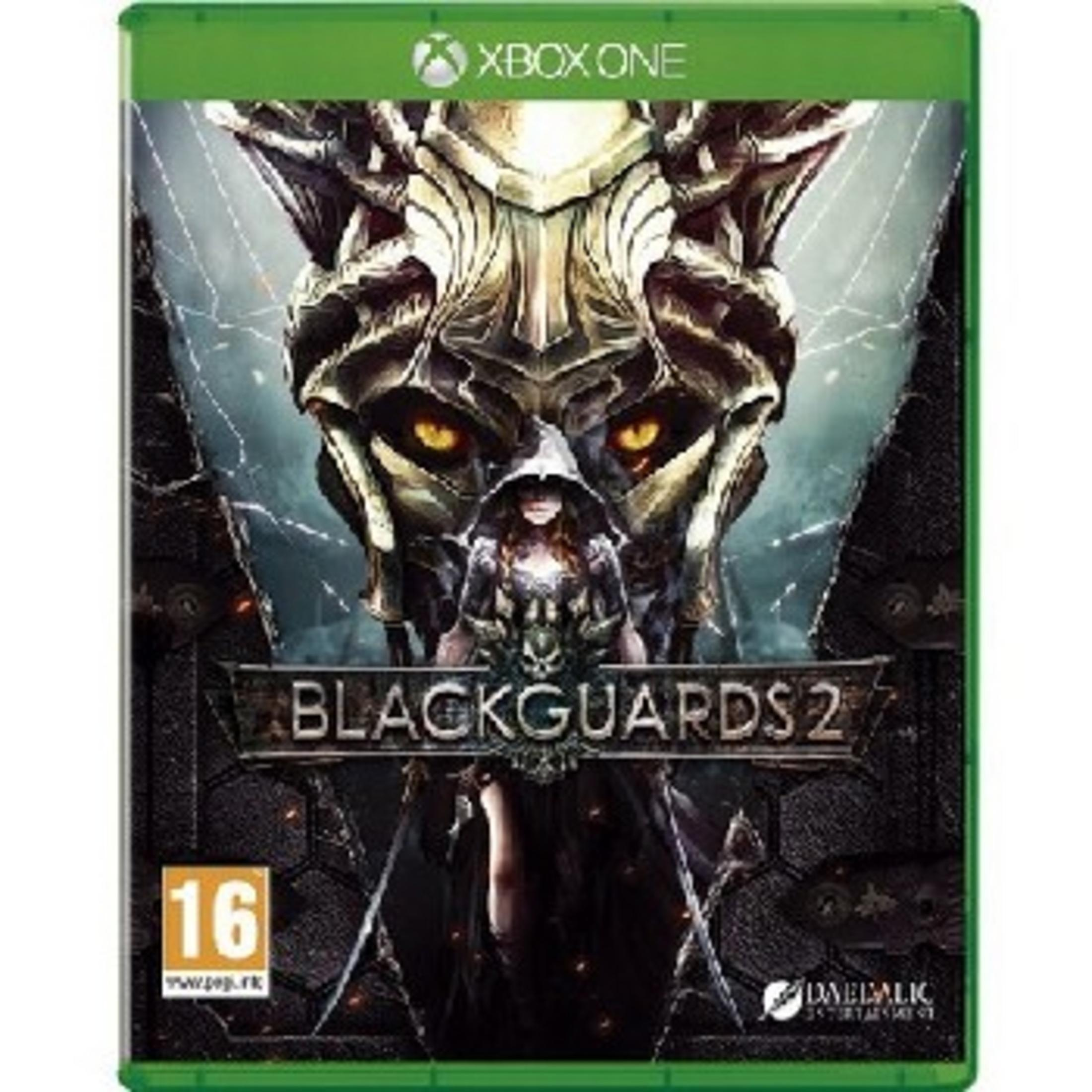 Copertina Xbox One con guerriera oscura e testa di mostro, gioco "Blackguards 2".