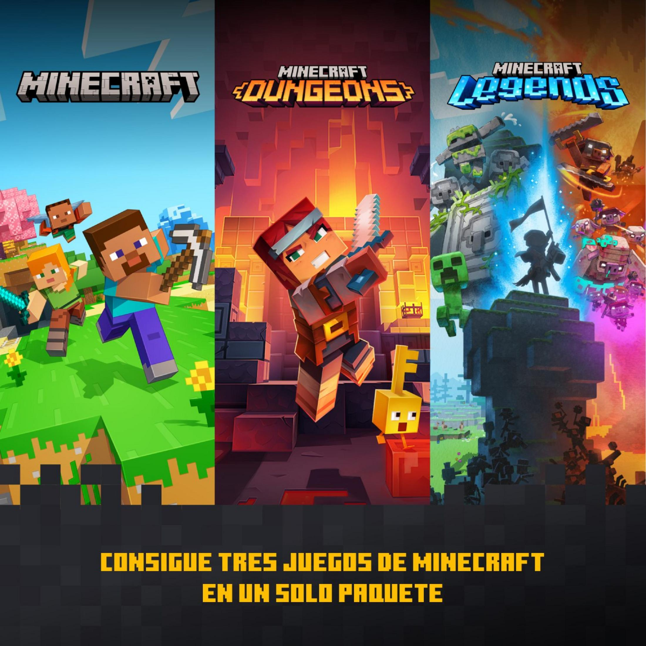 Tre giochi Minecraft: Minecraft, Dungeons, Legends. Personaggi a blocchi.