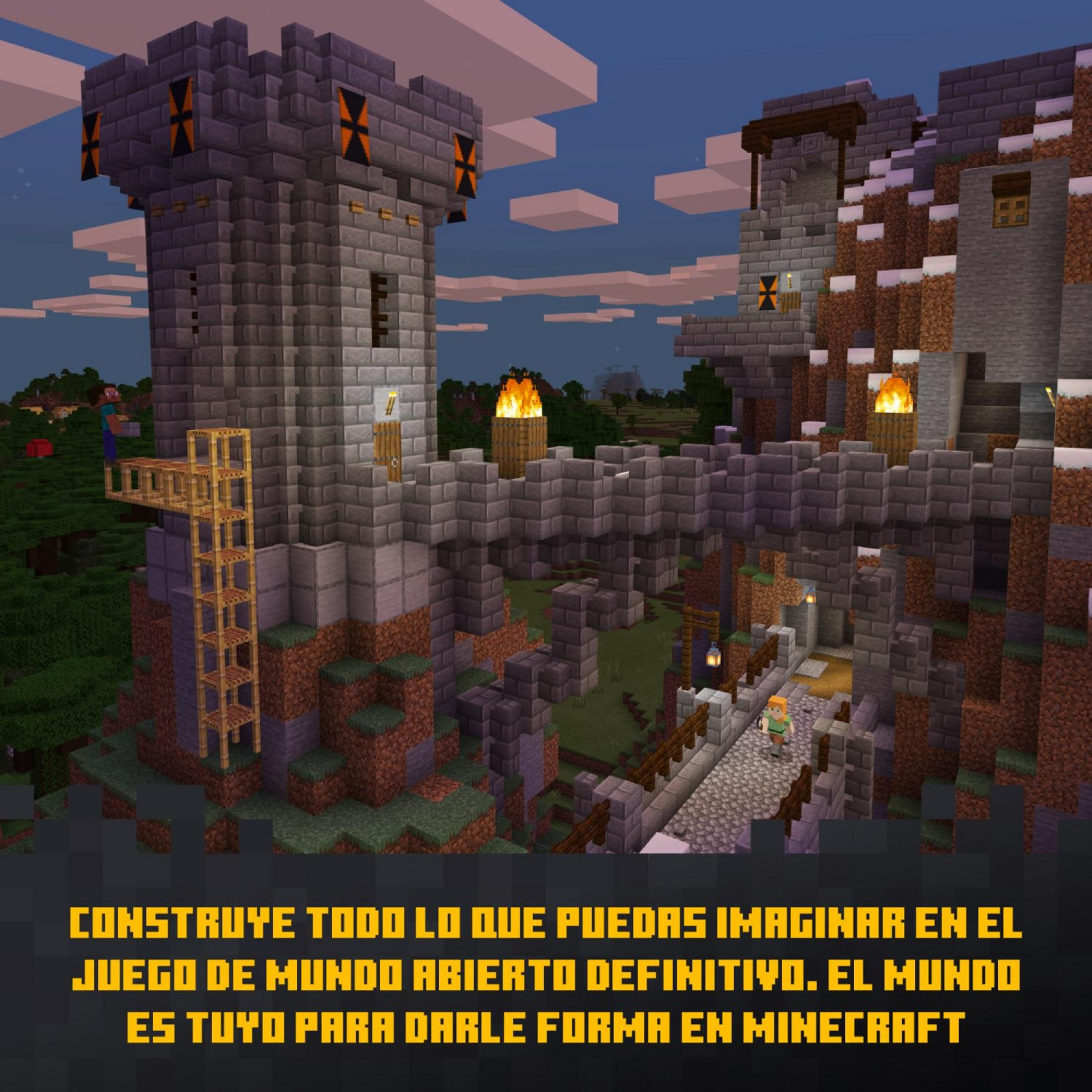 Castello Minecraft con torri, ponte e personaggi su un cielo nuvoloso.