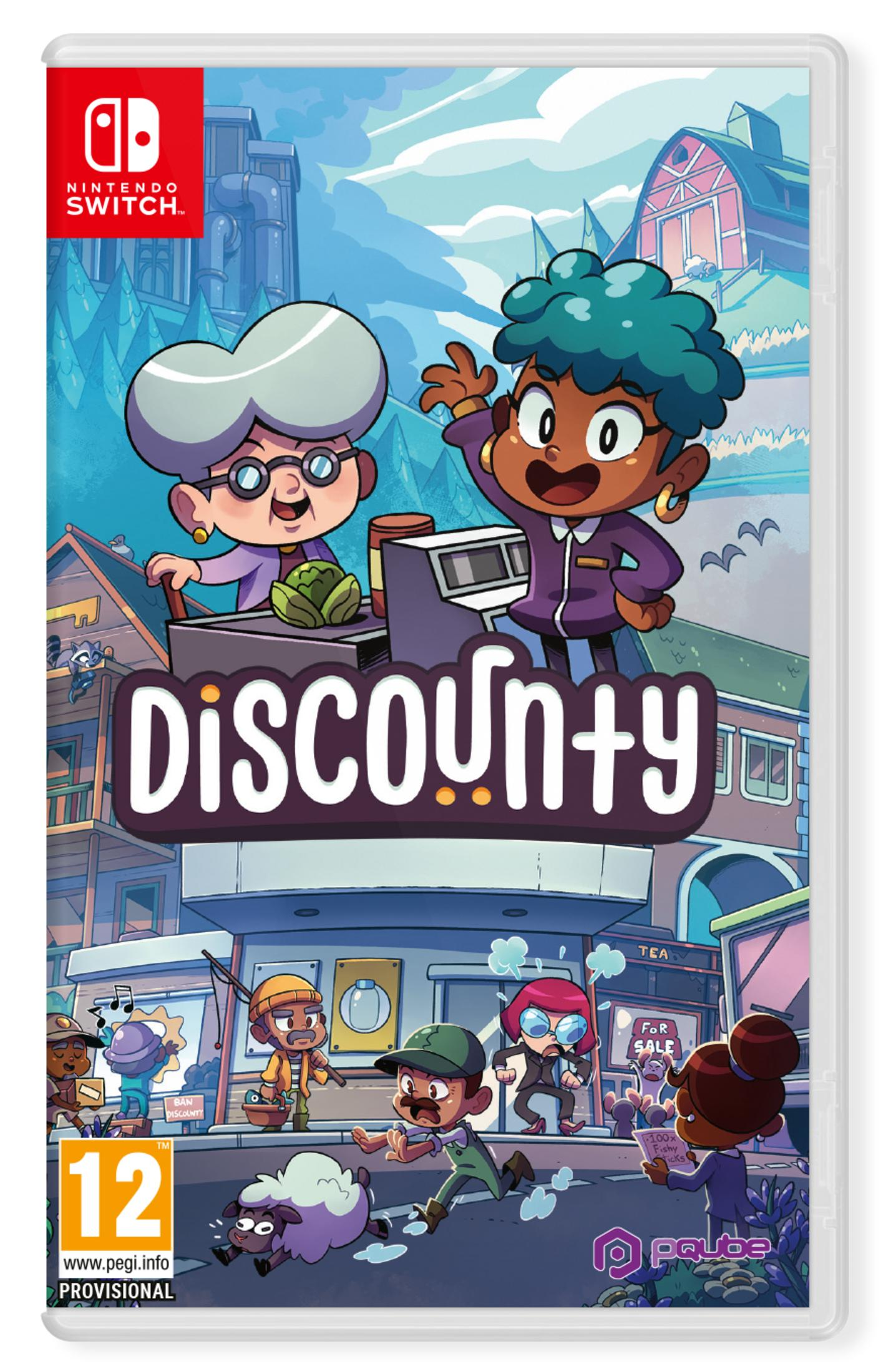 Portada del juego para Nintendo Switch: Discounty. Presenta personajes de dibujos animados, granja y ciudad.