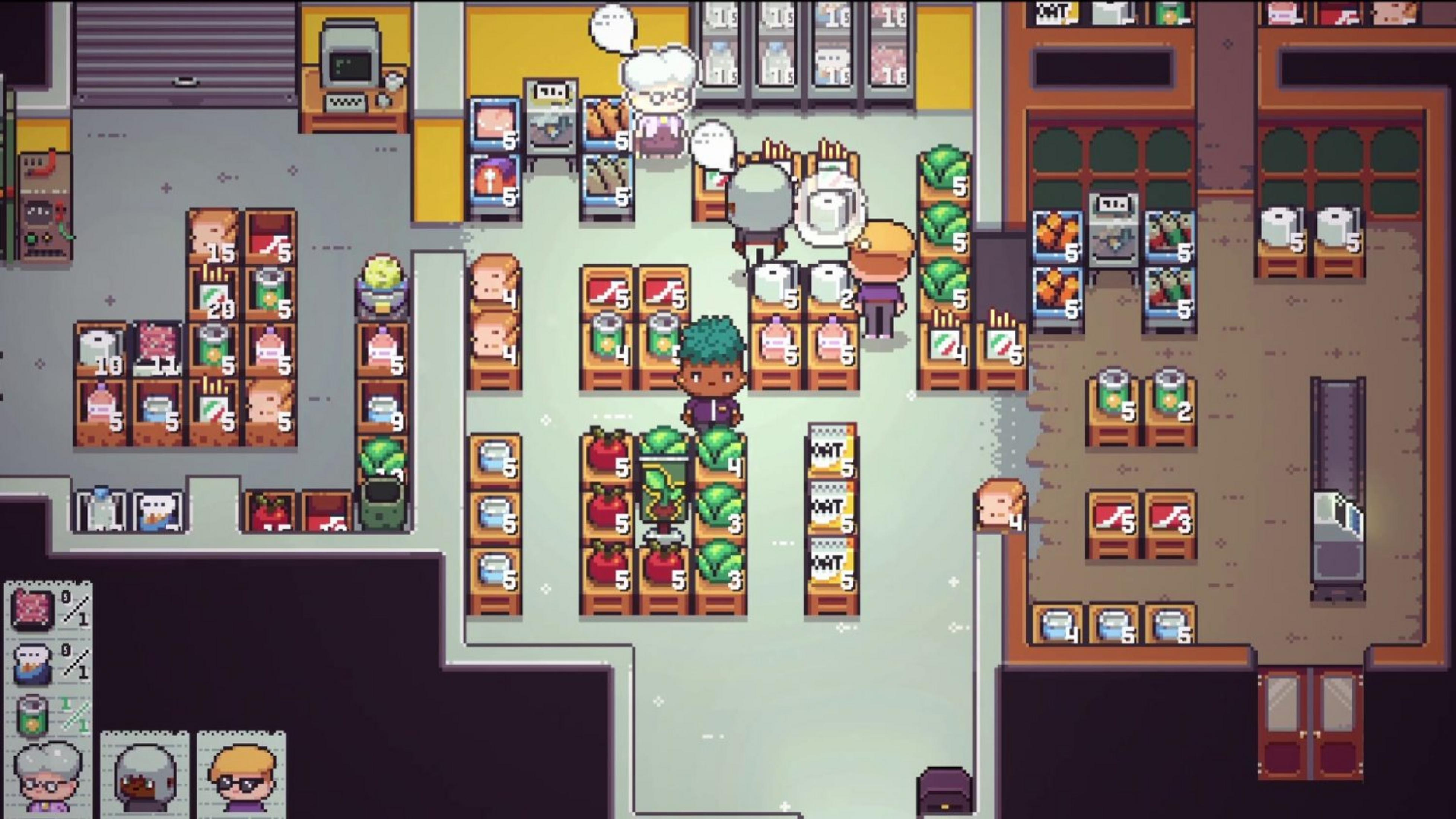 Supermercato pixelato con clienti e scaffali pieni di cibo e prodotti.