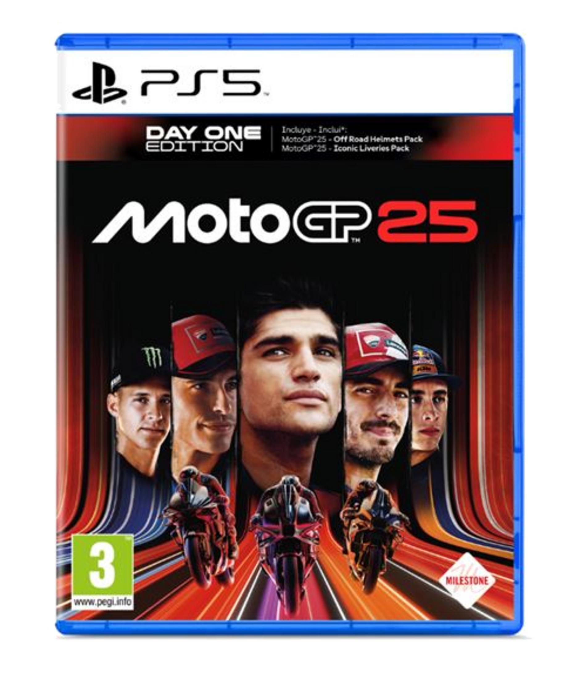 Portada de PS5 MotoGP 25 Edición Día Uno con pilotos y motos.
