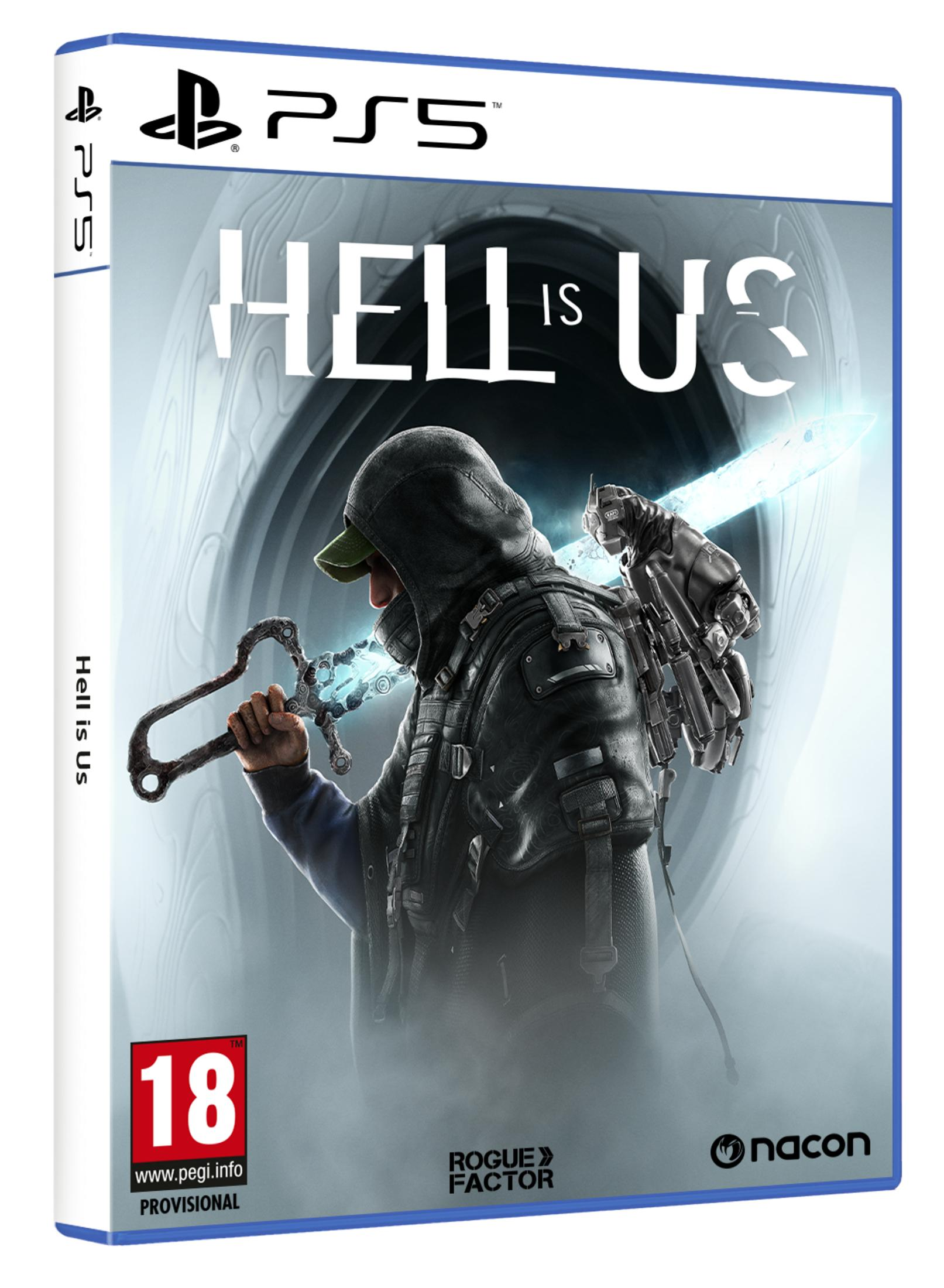 Copertina gioco PS5: Uomo con cappuccio e spada luminosa, titolo Hell is Us