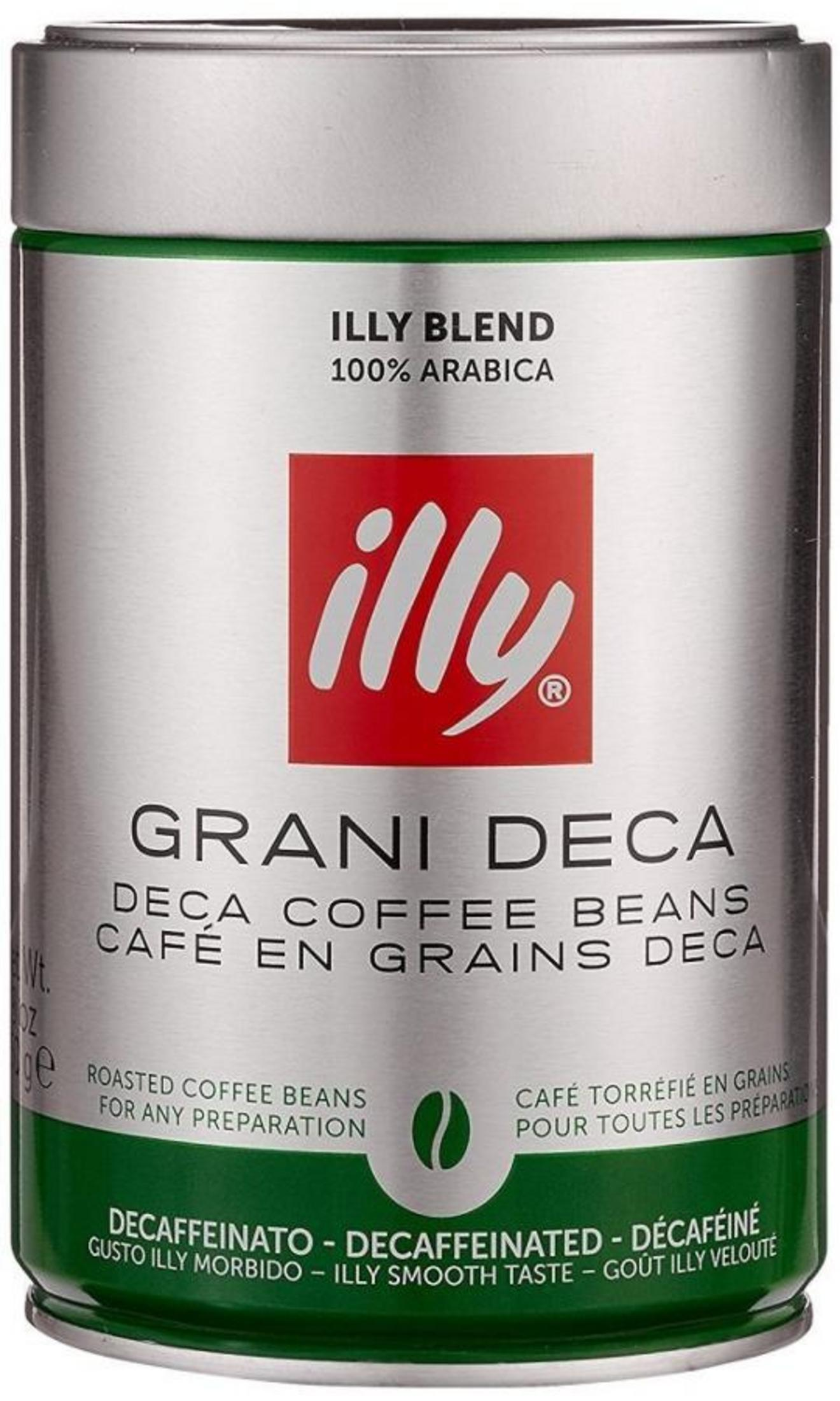 Illy Blend 100% Arabica Deca grains de café dans une boîte argentée.