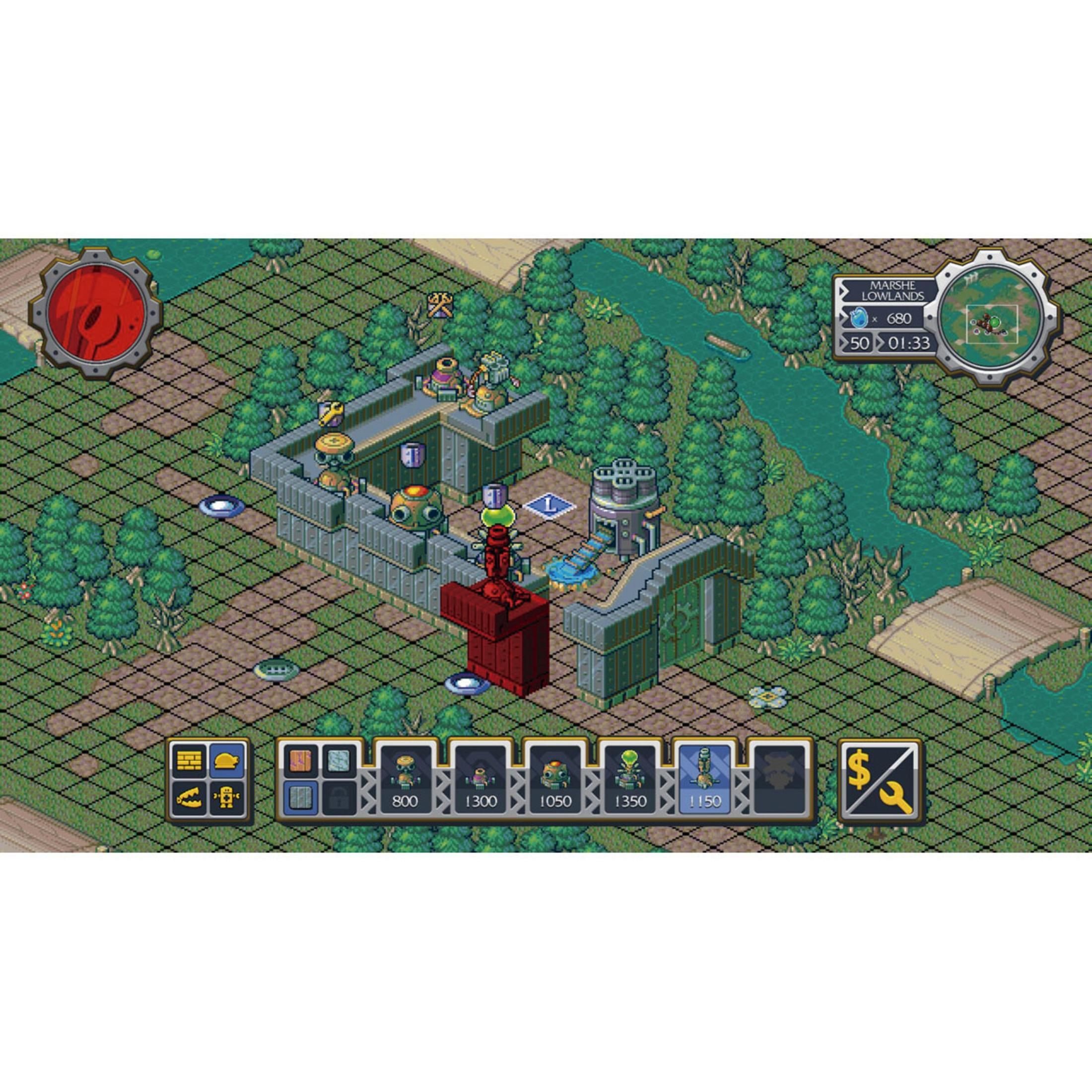 Scena di gioco strategico pixel art con edifici, alberi e fiume. UI in basso.