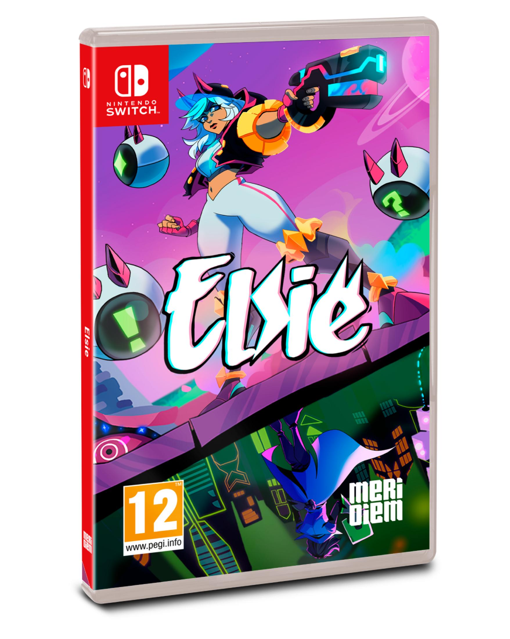 Copertina gioco Nintendo Switch "Elsie". Donna capelli blu tiene pistola. Età 12.