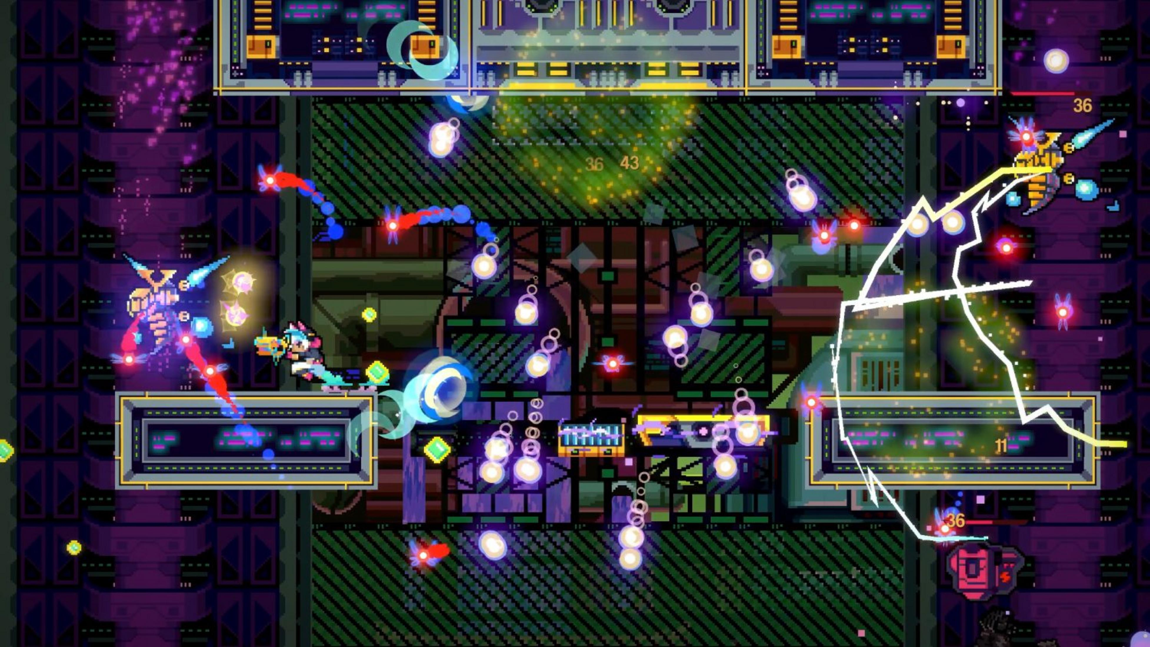 Scena di gioco pixel art con personaggi che combattono e sparano su piattaforme.