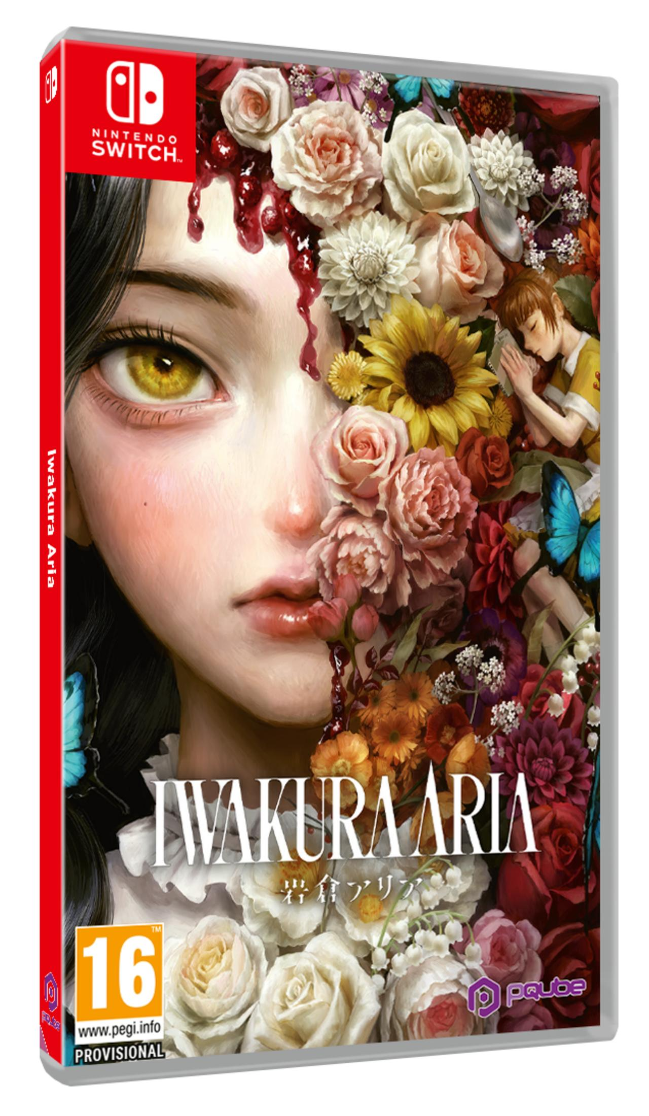 Copertina gioco Nintendo Switch con volto di donna, fiori, farfalle e logo 'Iwakura Aria'.