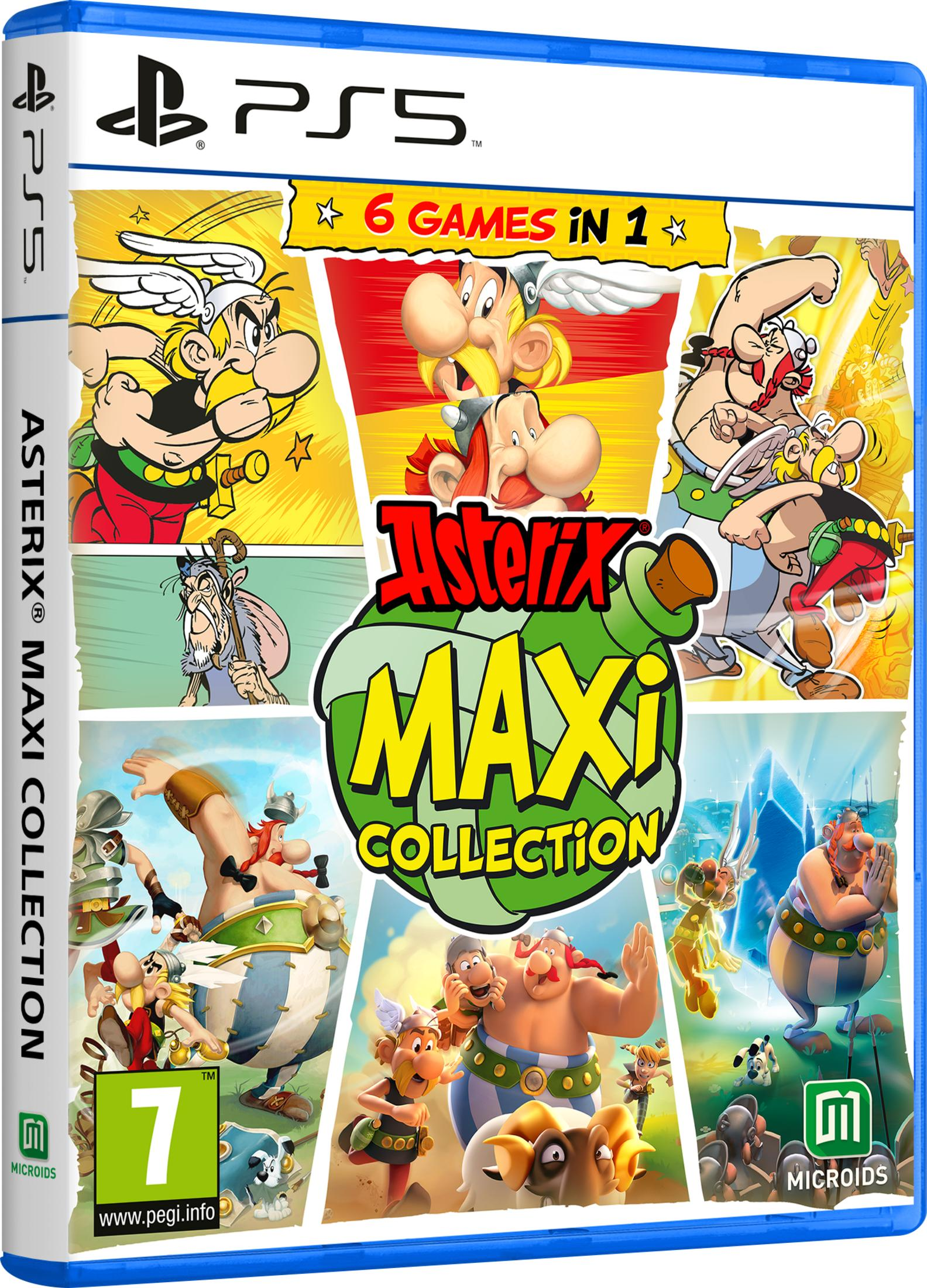 Copertina del gioco PS5 Asterix Maxi Collection con personaggi dei fumetti e una bottiglia verde.