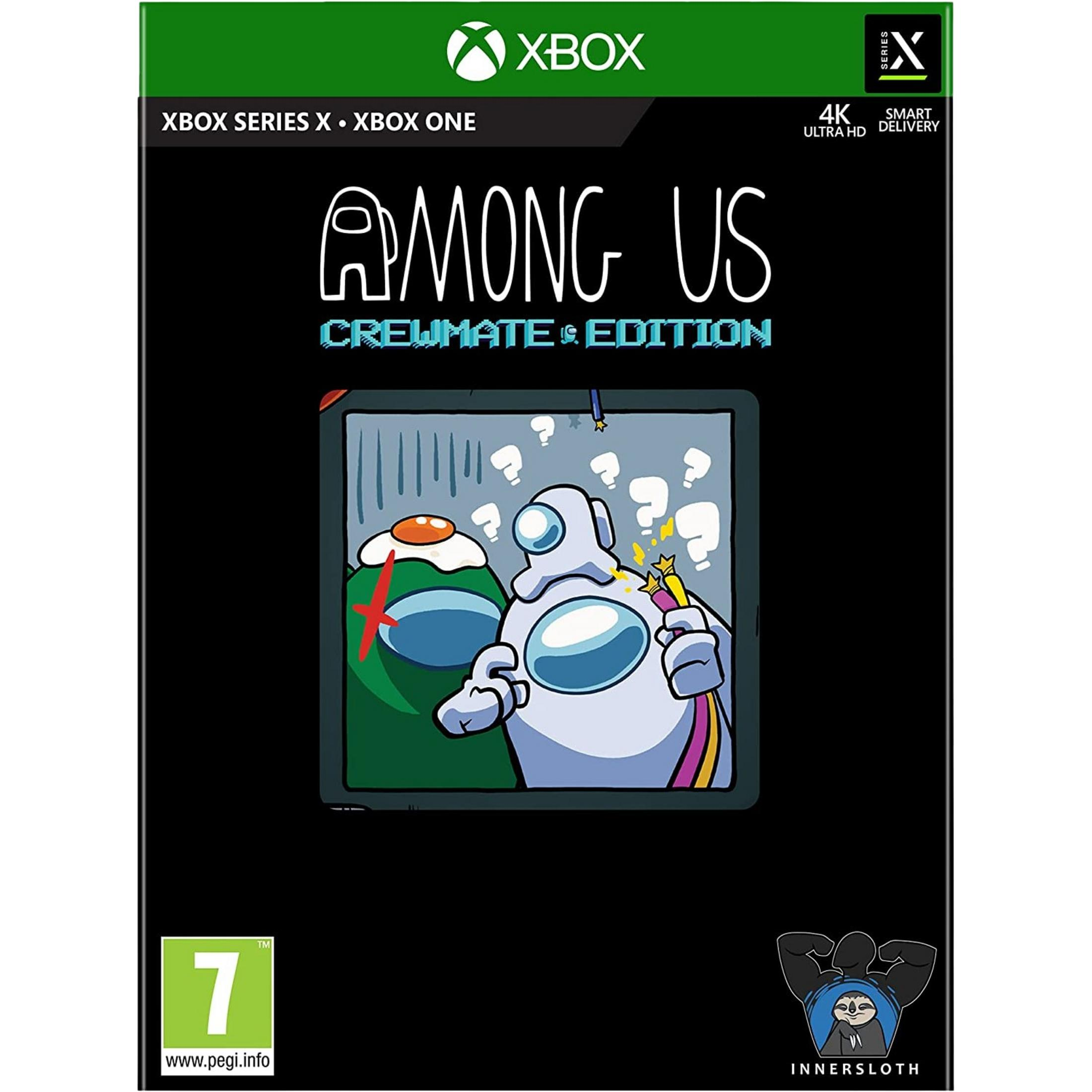 Among Us Crewmate Edition per Xbox: Personaggi verdi e bianchi con scintille.