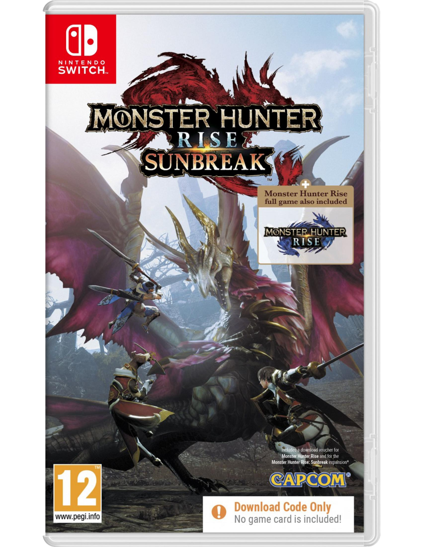 Gioco Nintendo Switch "Monster Hunter Rise: Sunbreak" con draghi e cacciatori.