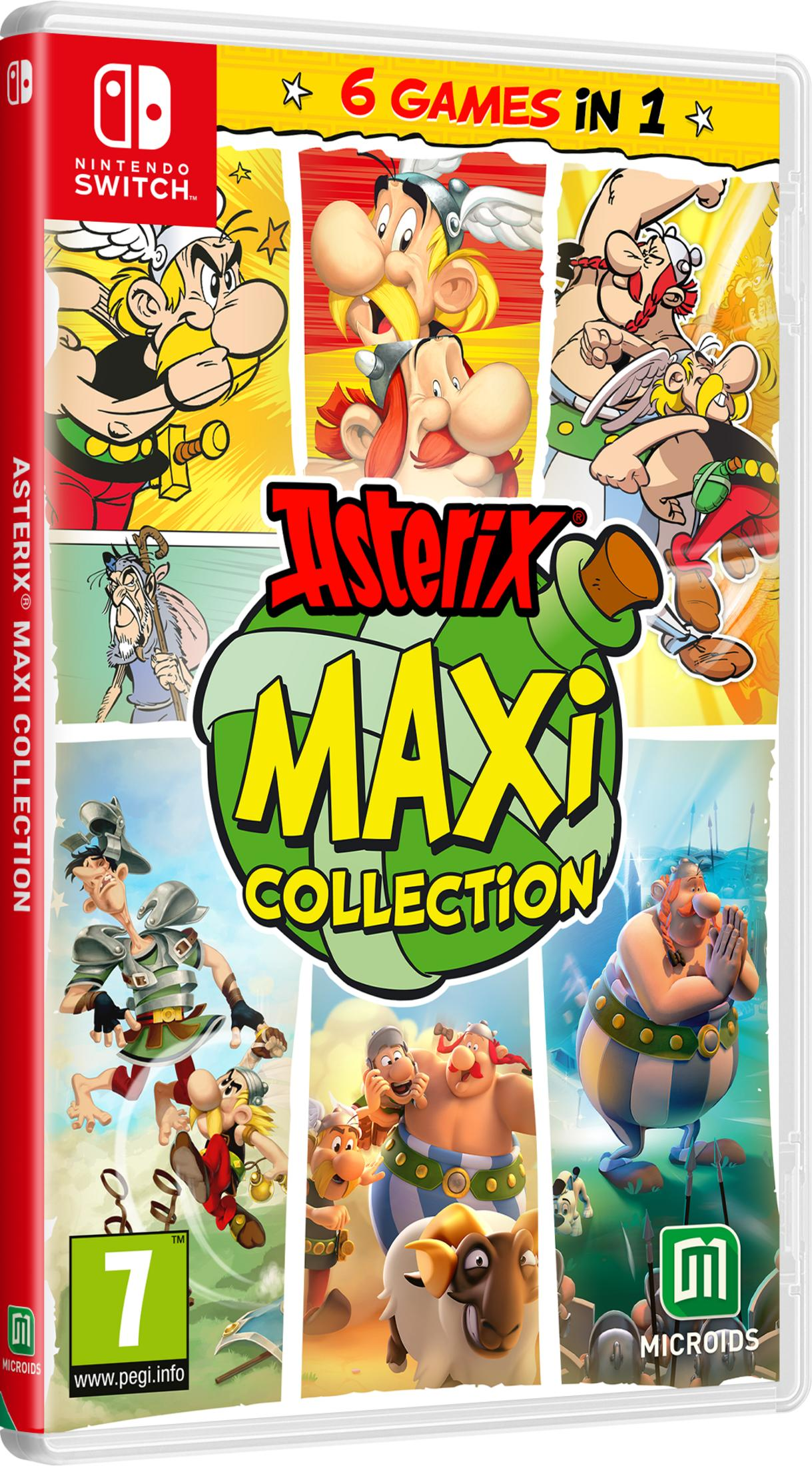 Copertina gioco Nintendo Switch Asterix Maxi Collection. Personaggi dei cartoni animati, testo e classificazione PEGI.