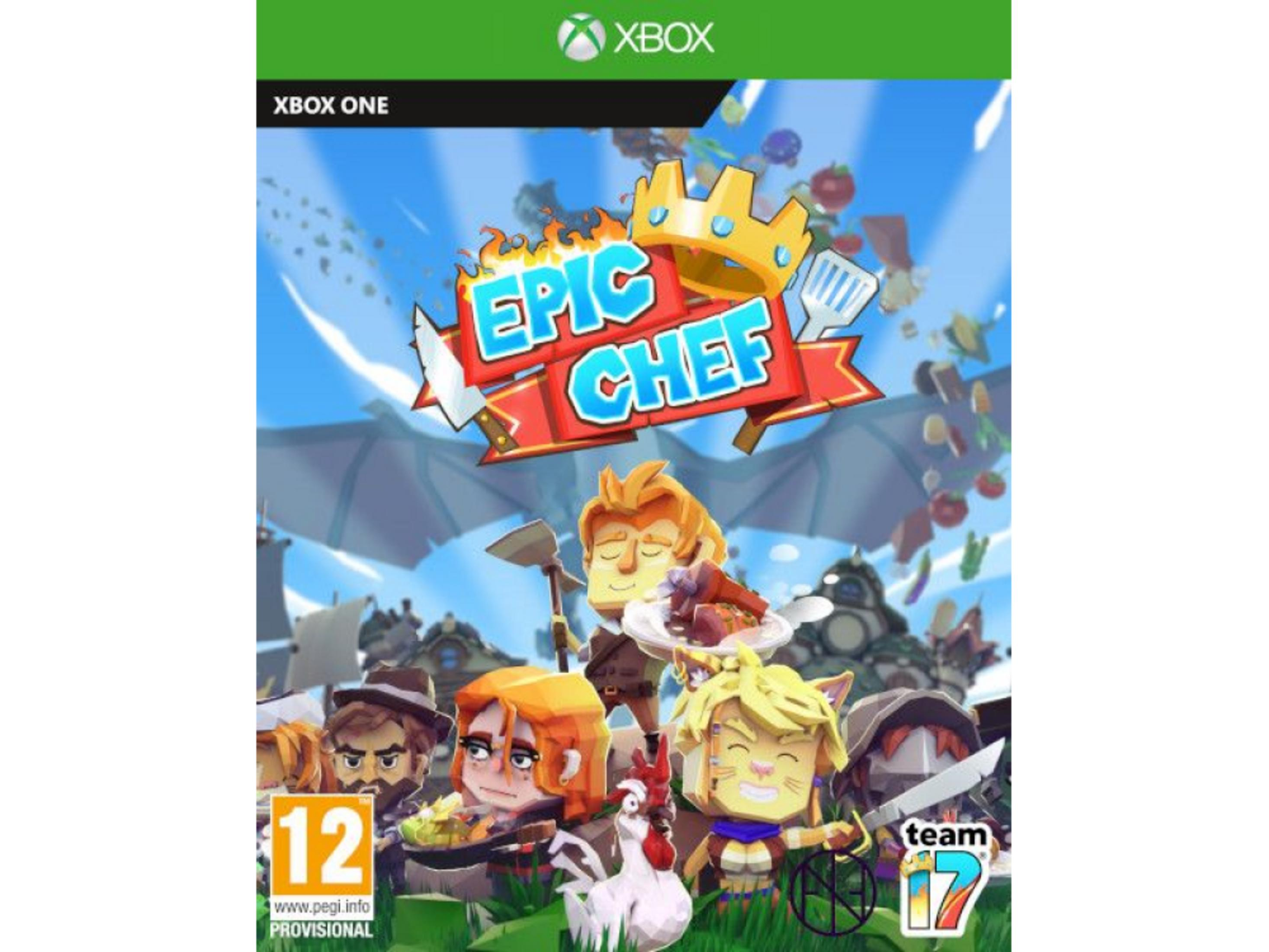 Copertina del gioco Epic Chef per Xbox One con personaggi dei cartoni animati e cibo.