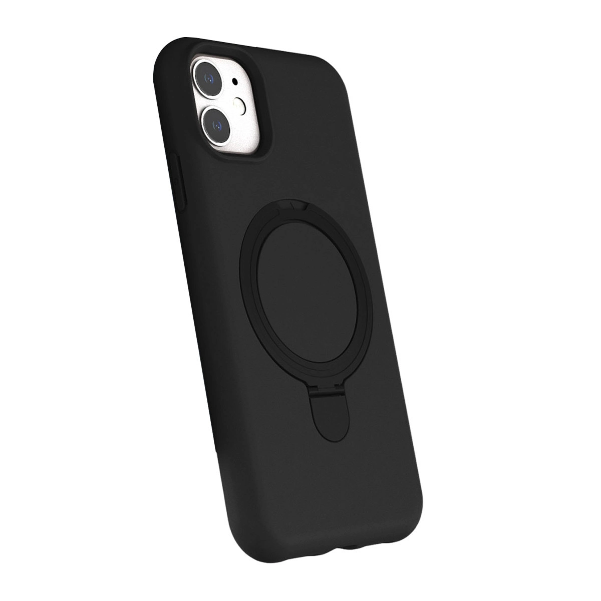 Çift lensli kamera ve halka tutuculu siyah telefon kılıfı.
