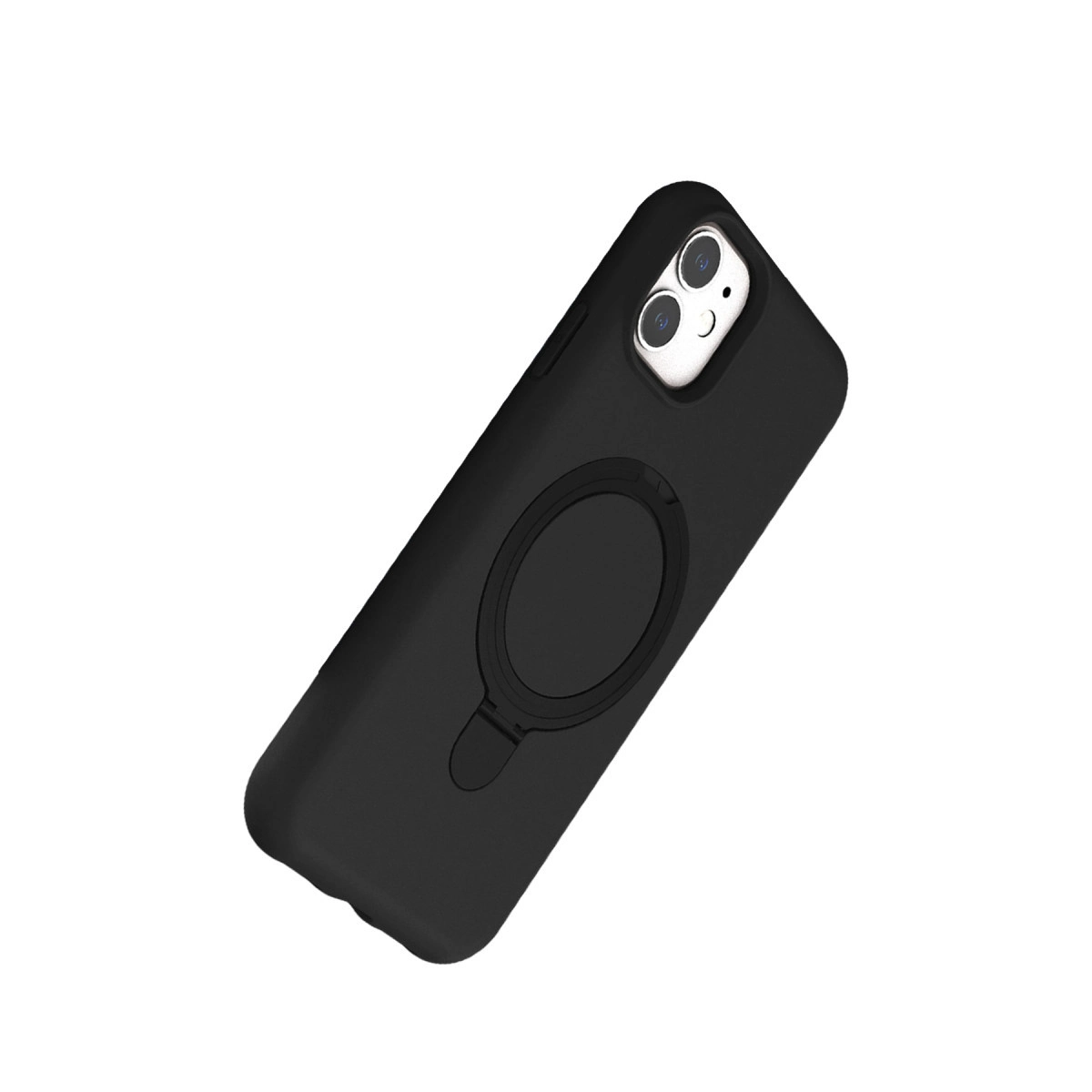 Beyaz arka plan üzerinde halka tutuculu ve kamera kesimli siyah telefon kılıfı.