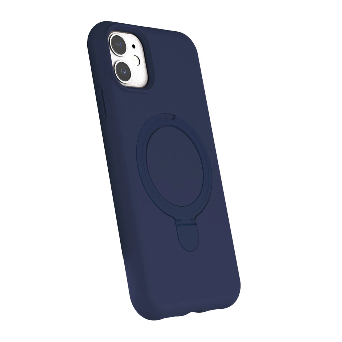 Halka tutuculu ve kamera modüllü lacivert telefon kılıfı. Beyaz arka plan.