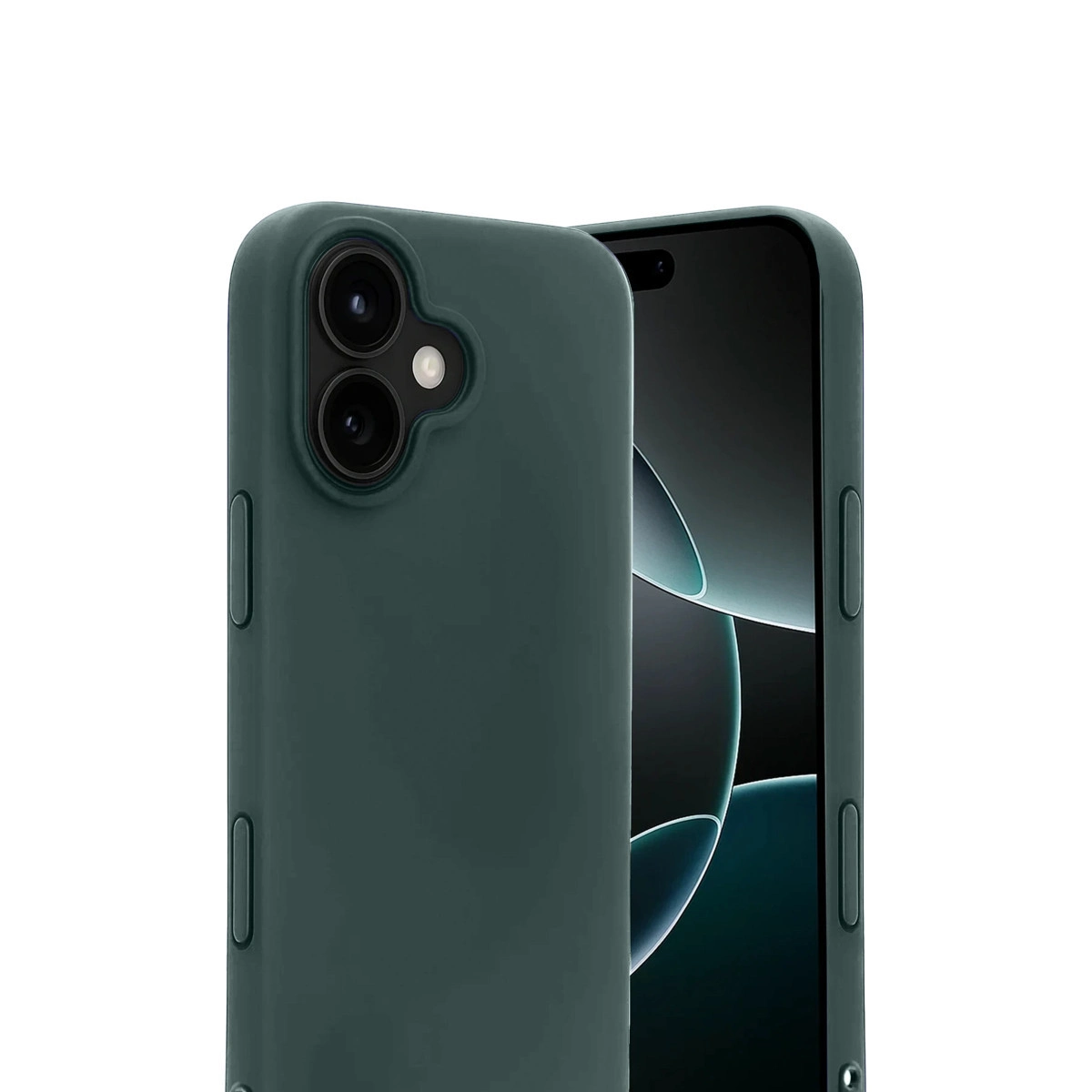Kamera adacıklı koyu yeşil telefon kılıfı ve akıllı telefonun bir kısmı.