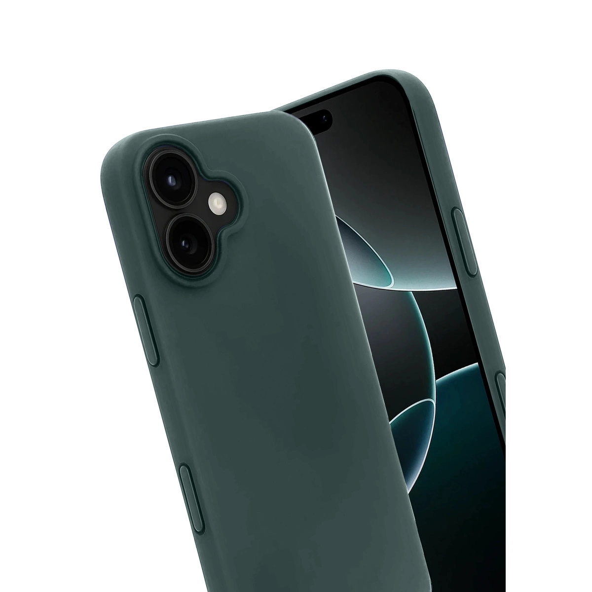 Koyu yeşil telefon kılıfı, koyu ekranlı bir akıllı telefonun üzerine geliyor.